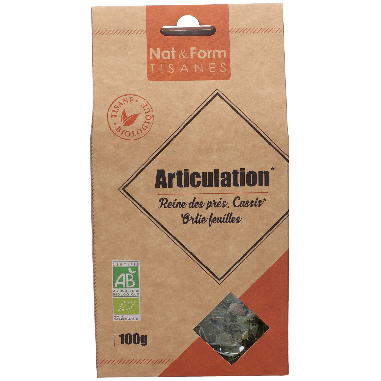 Boîte en carton marron. Texte : Artikulation, logo AB bio, 100g. Produit visible à travers une fenêtre.