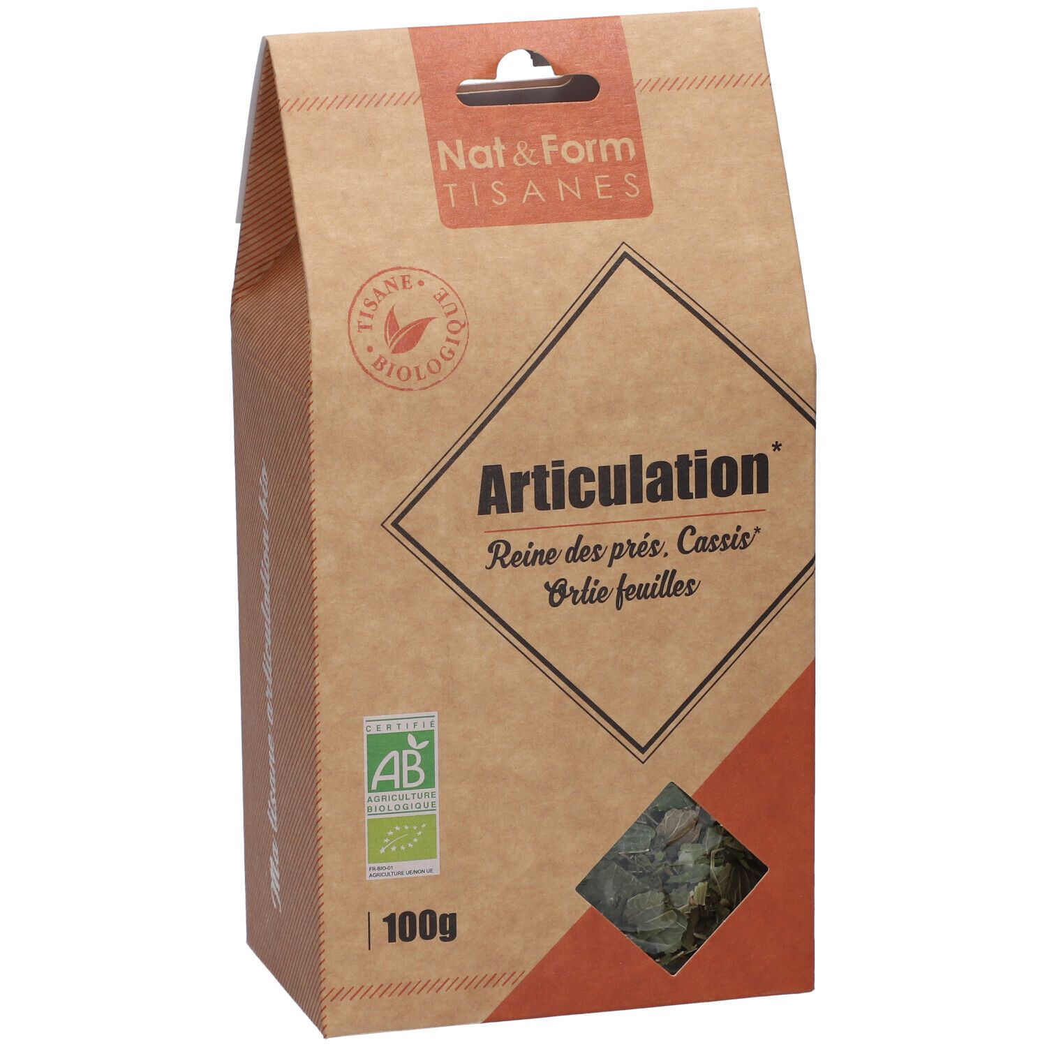 Boîte en carton marron. Texte : Artikulation, logo AB bio, 100g. Produit visible à travers une fenêtre.