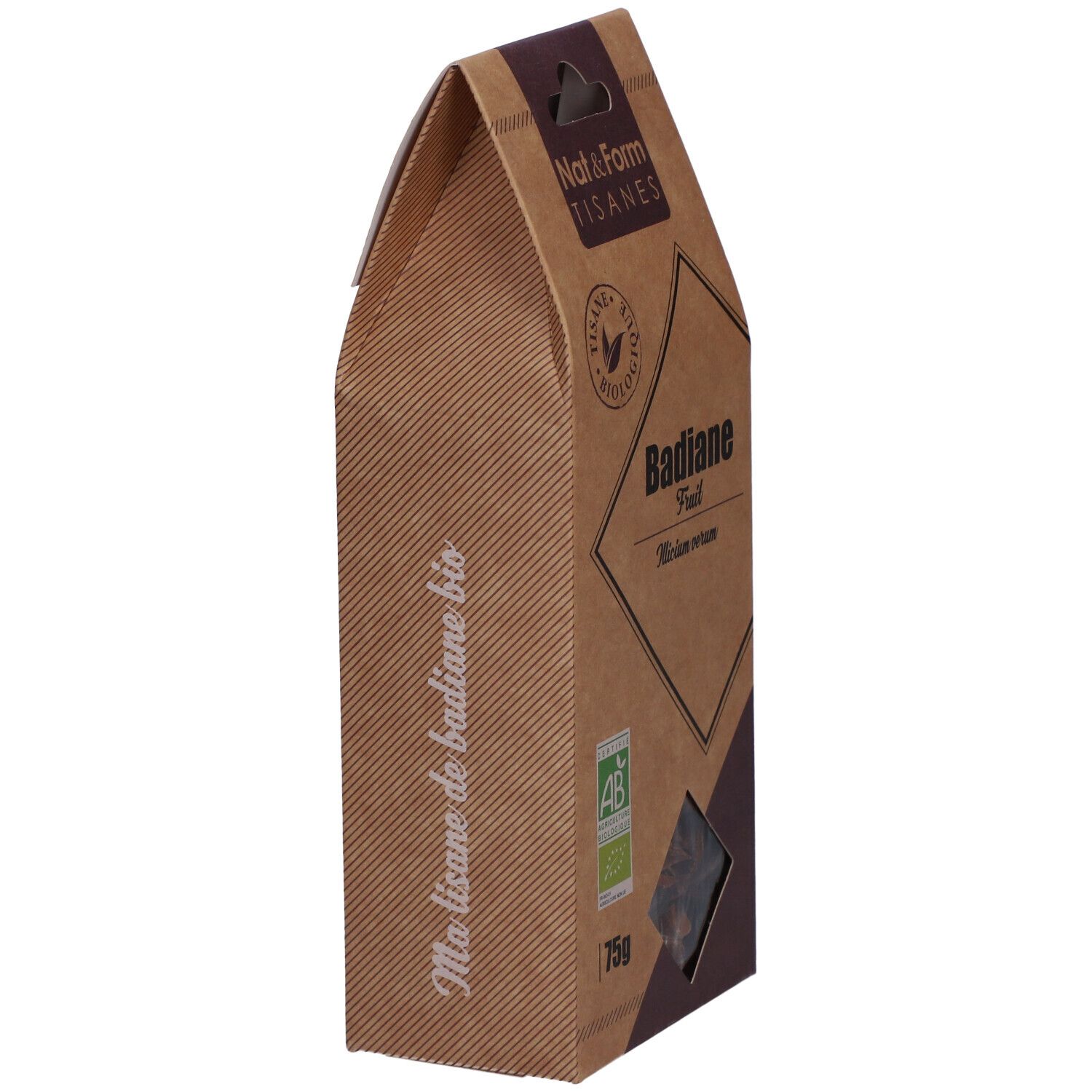 Bruine verpakking van Badiane thee. Zichtbaar: logo, productnaam, AB bio label, 75g.