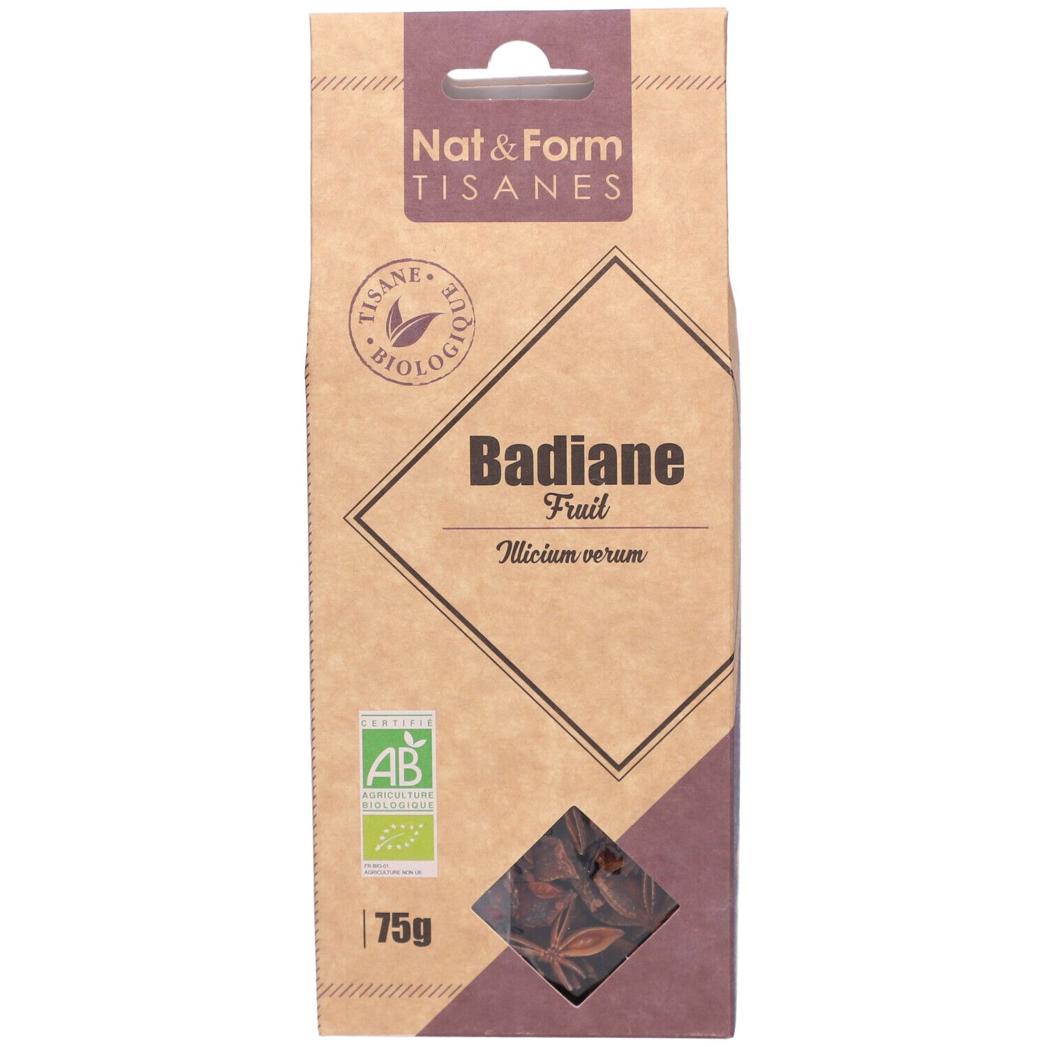 Bruine verpakking van Badiane thee. Zichtbaar: logo, productnaam, AB bio label, 75g.