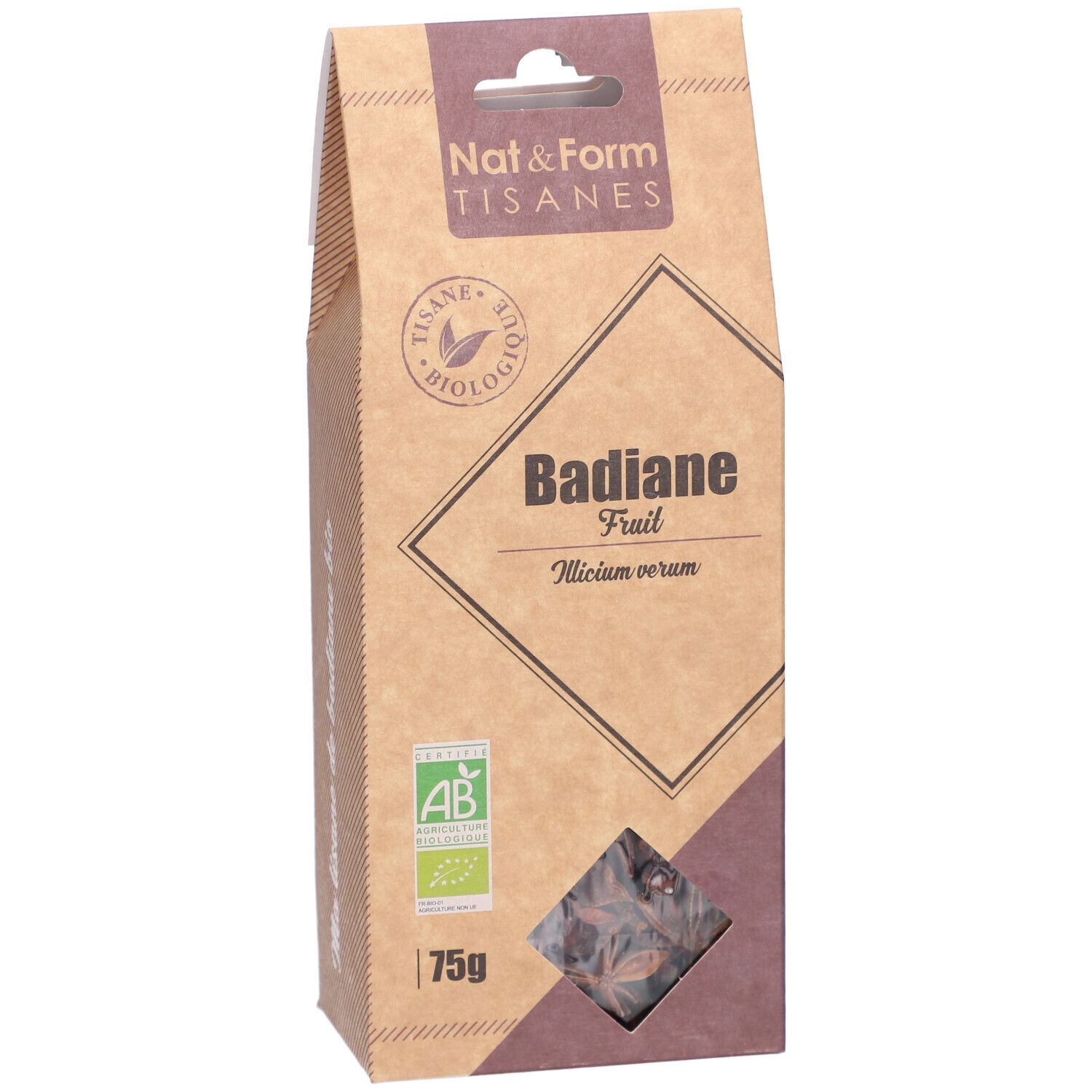 Bruine verpakking van Badiane thee. Zichtbaar: logo, productnaam, AB bio label, 75g.