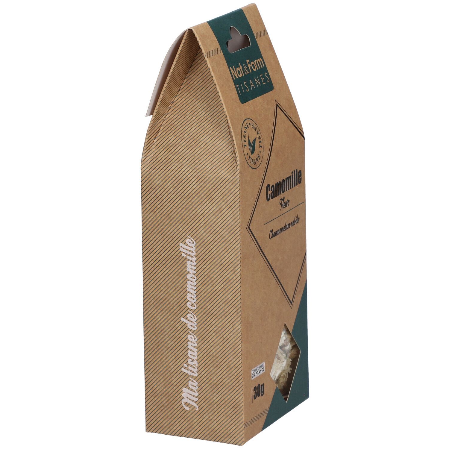 Kräutertee-Verpackung. Braune Pappschachtel mit Sichtfenster. Aufschrift: Camomille Fleur, Nat & Form Tisanes.