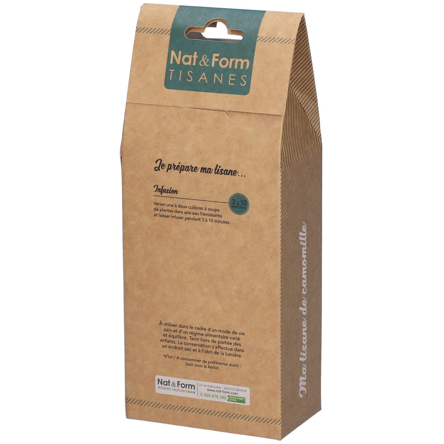 Rückseite der Kräutertee-Verpackung. Text über die Zubereitung. Marke: Nat & Form Tisanes.