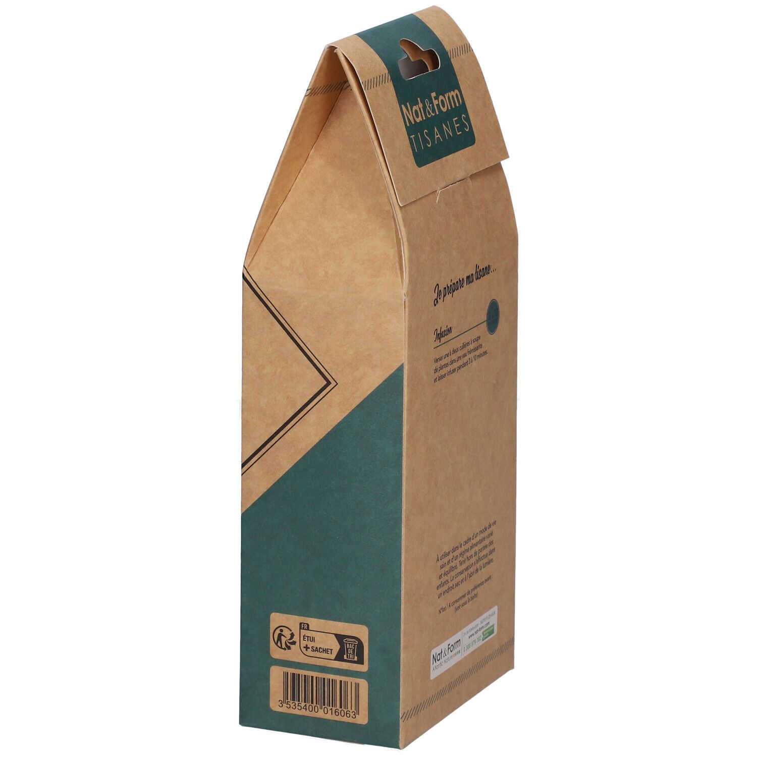 Kräutertee-Verpackung. Braune Pappschachtel. Marke: Nat & Form Tisanes. Mit Recycling-Symbolen.