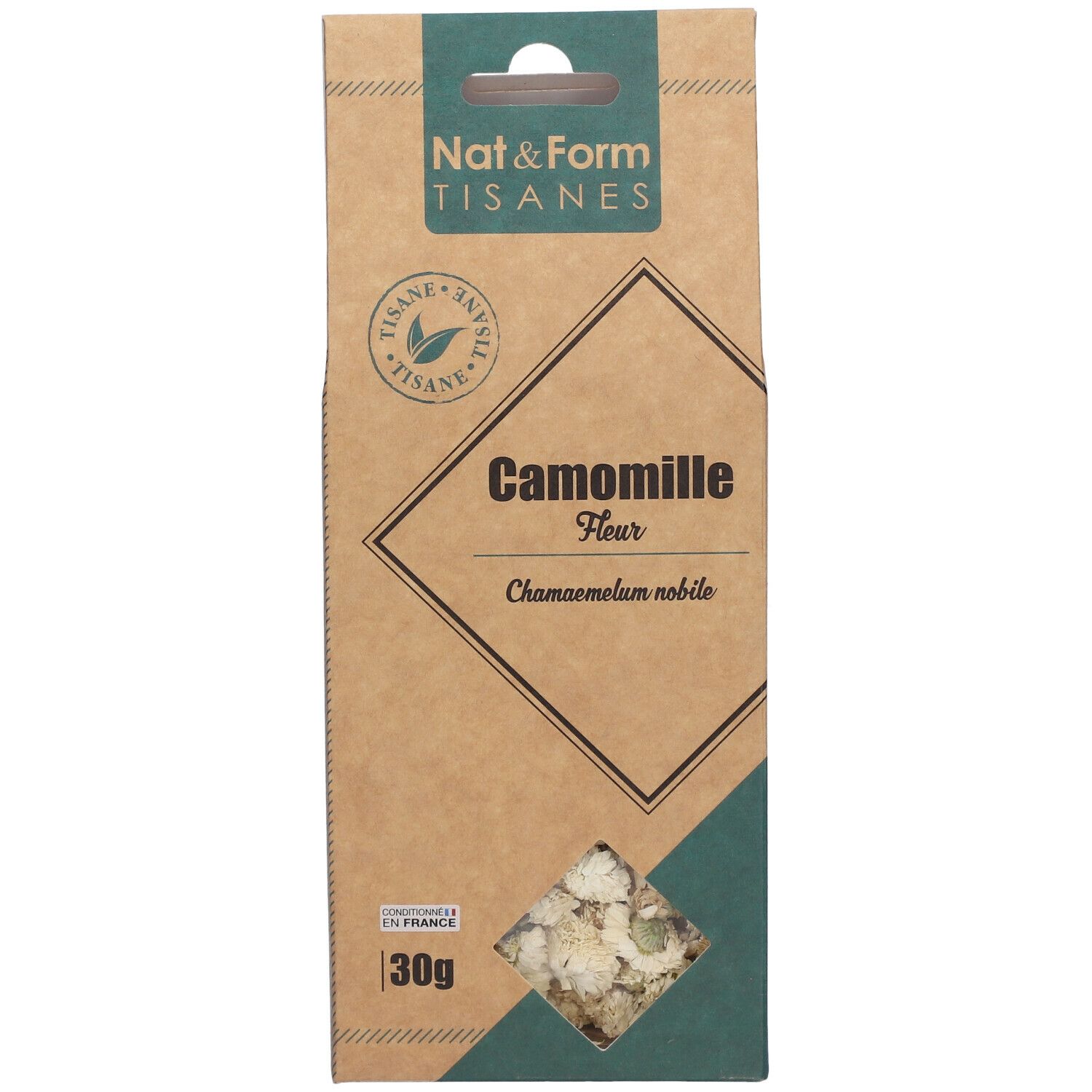 Kräutertee-Verpackung. Braune Pappschachtel mit Sichtfenster. Aufschrift: Camomille Fleur, Nat & Form Tisanes.