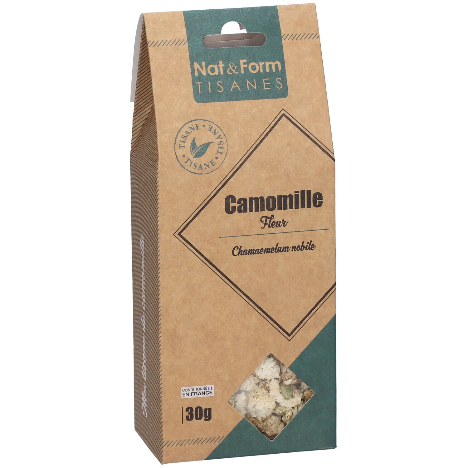 Kräutertee-Verpackung. Braune Pappschachtel mit Sichtfenster. Aufschrift: Camomille Fleur, Nat & Form Tisanes. 30g.