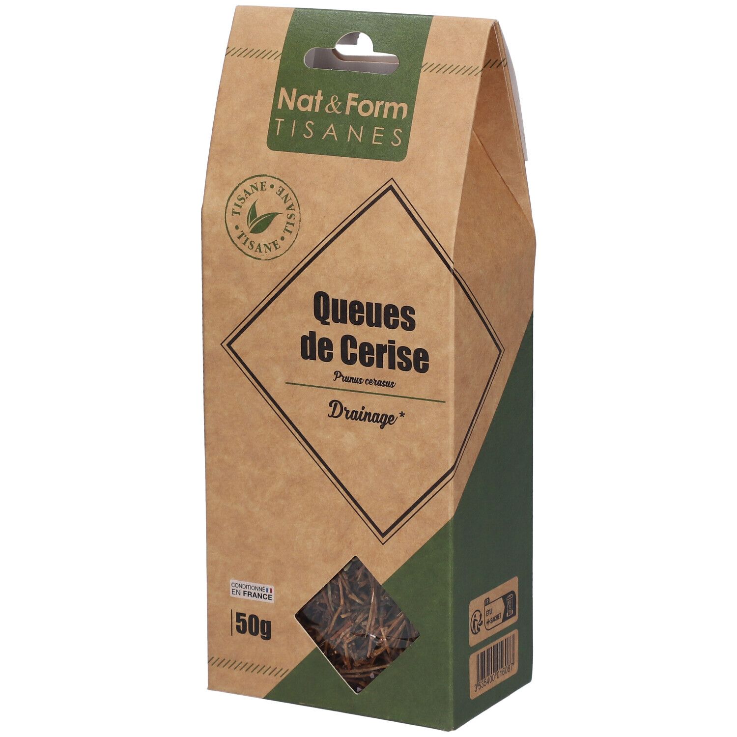 Boîte en carton Nat&Form Tisane Cerise Queue. Fenêtre transparente, nom du produit et logo.