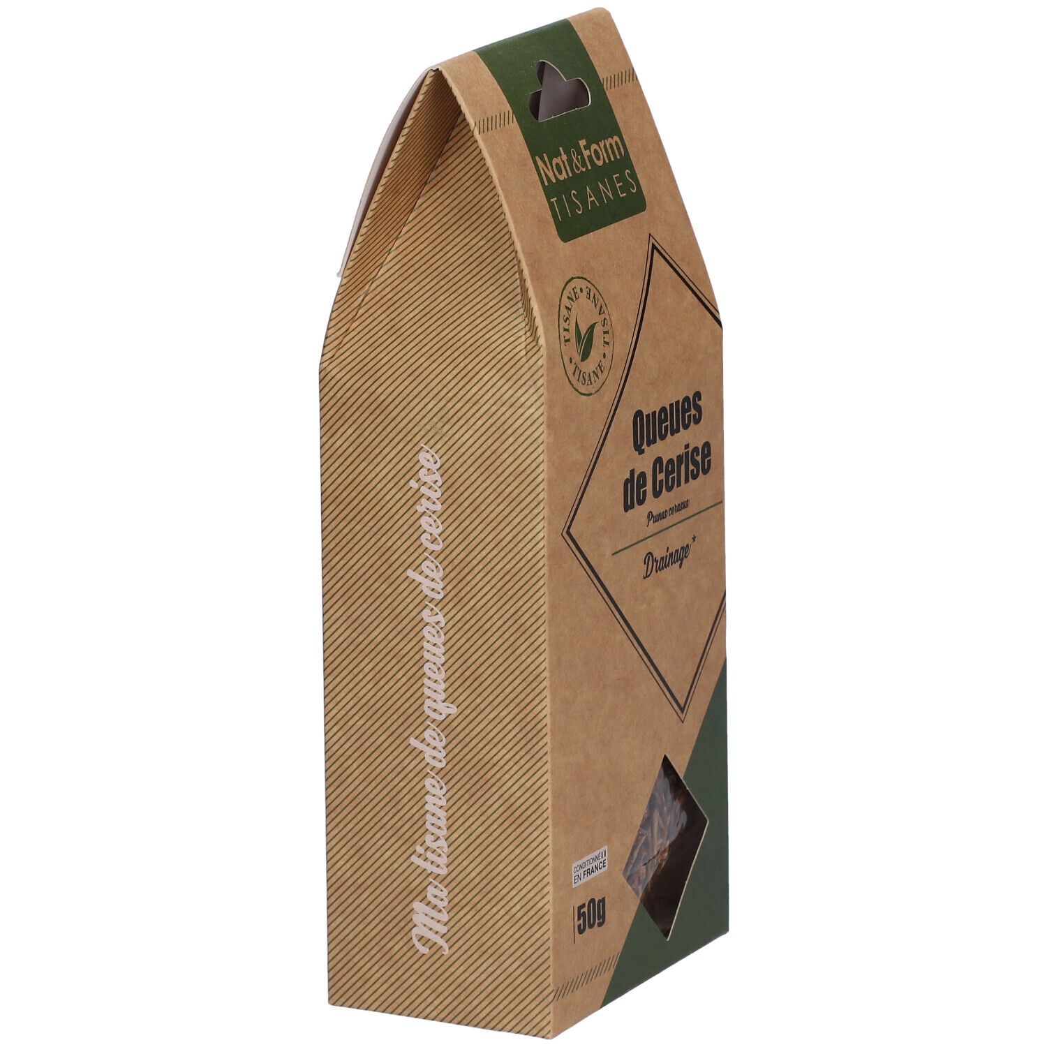 Vue latérale de la boîte Nat&Form Tisane Cerise Queue. Boîte en carton marron avec texte.