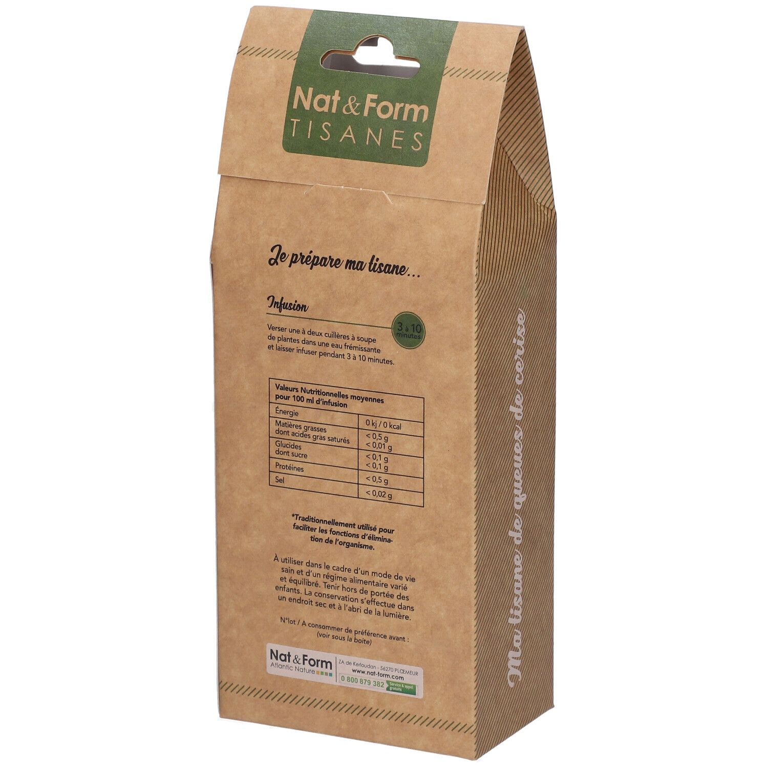 Dos de la boîte Nat&Form Tisane Cerise Queue. Informations nutritionnelles et instructions.