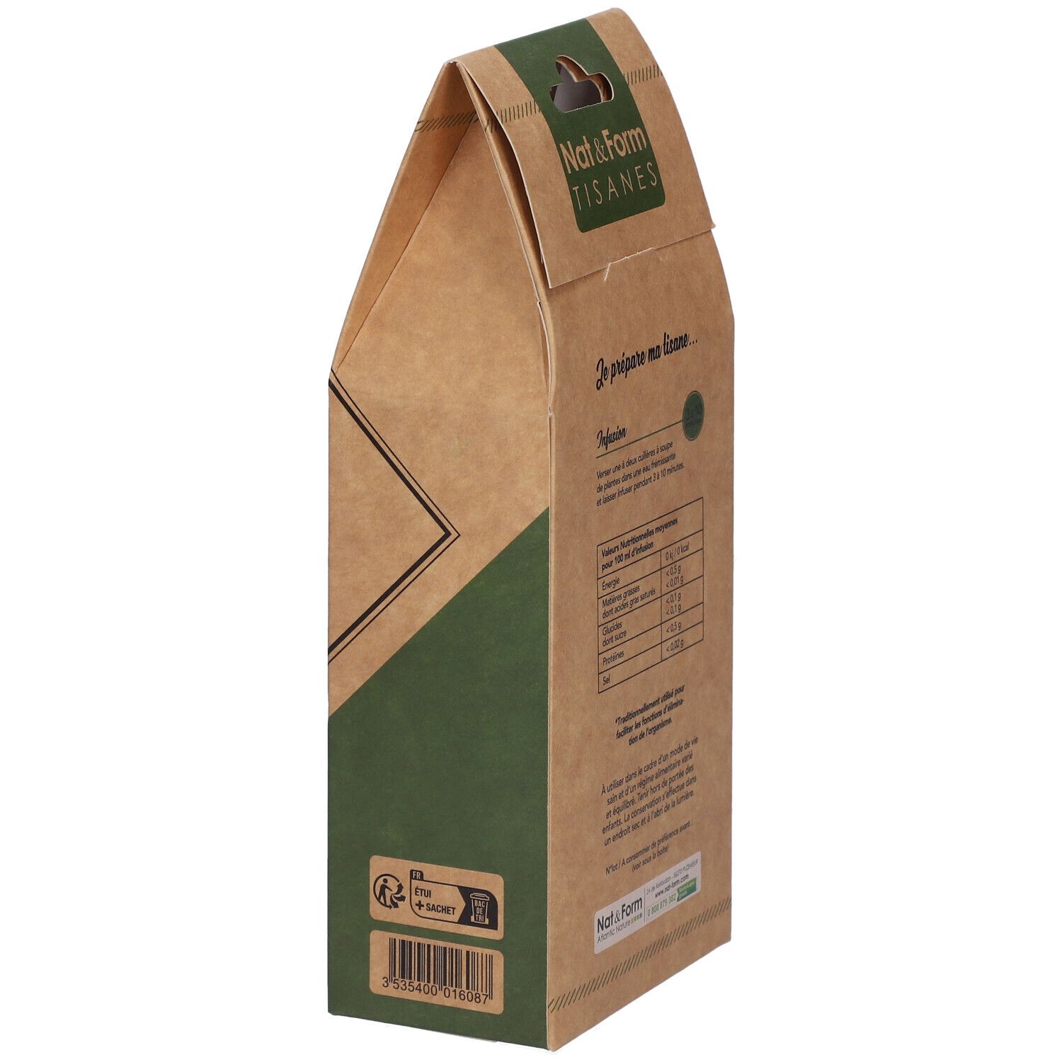 Vue latérale de la boîte Nat&Form Tisane Cerise Queue. Informations et logo.