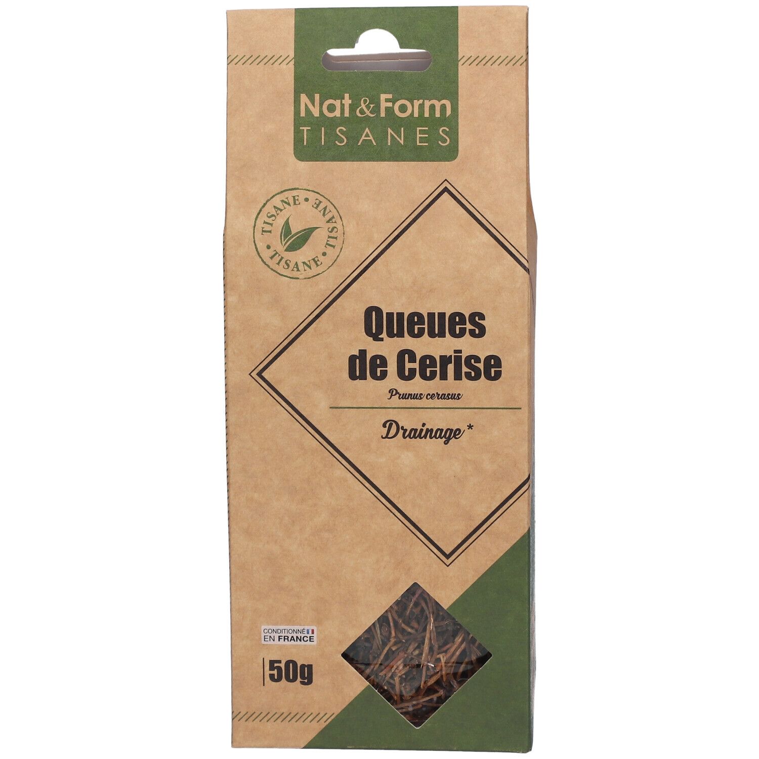 Boîte Nat&Form Tisane Cerise Queue. Nom du produit, fenêtre transparente et contenu visible.