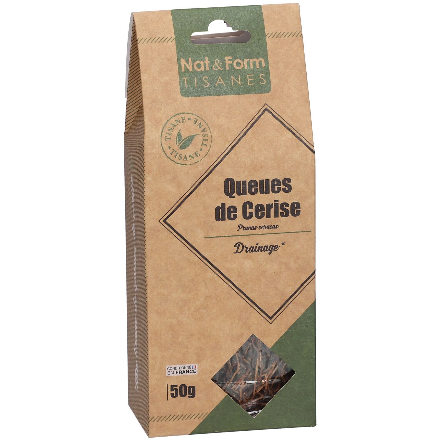 Boîte Nat&Form Tisane Cerise Queue. Nom du produit, fenêtre transparente et contenu visible.
