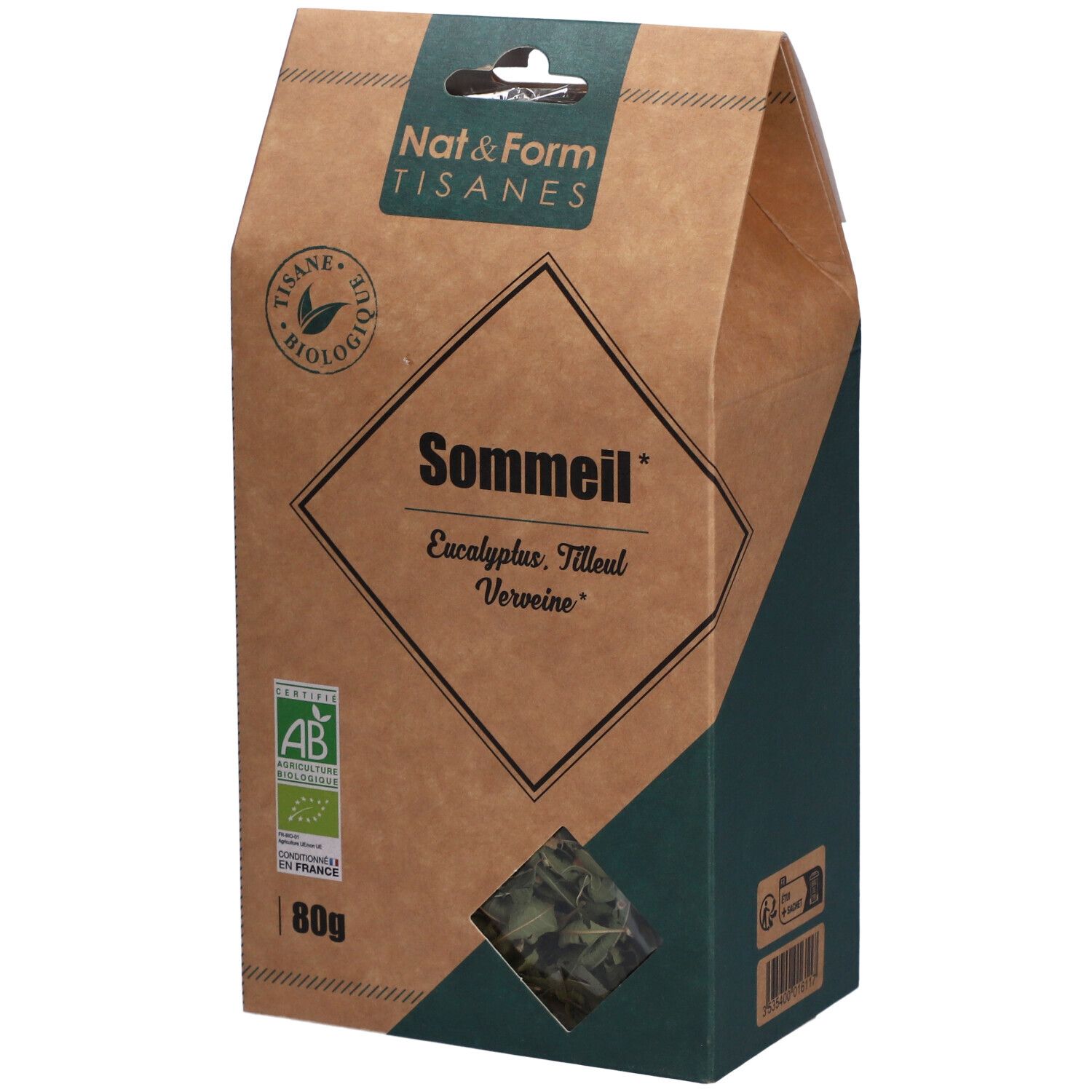 Bruine kartonnen verpakking met groene accenten. Opschrift: Sommeil, Eucalyptus, Tilleul, Verveine. Bio-label en 80g.