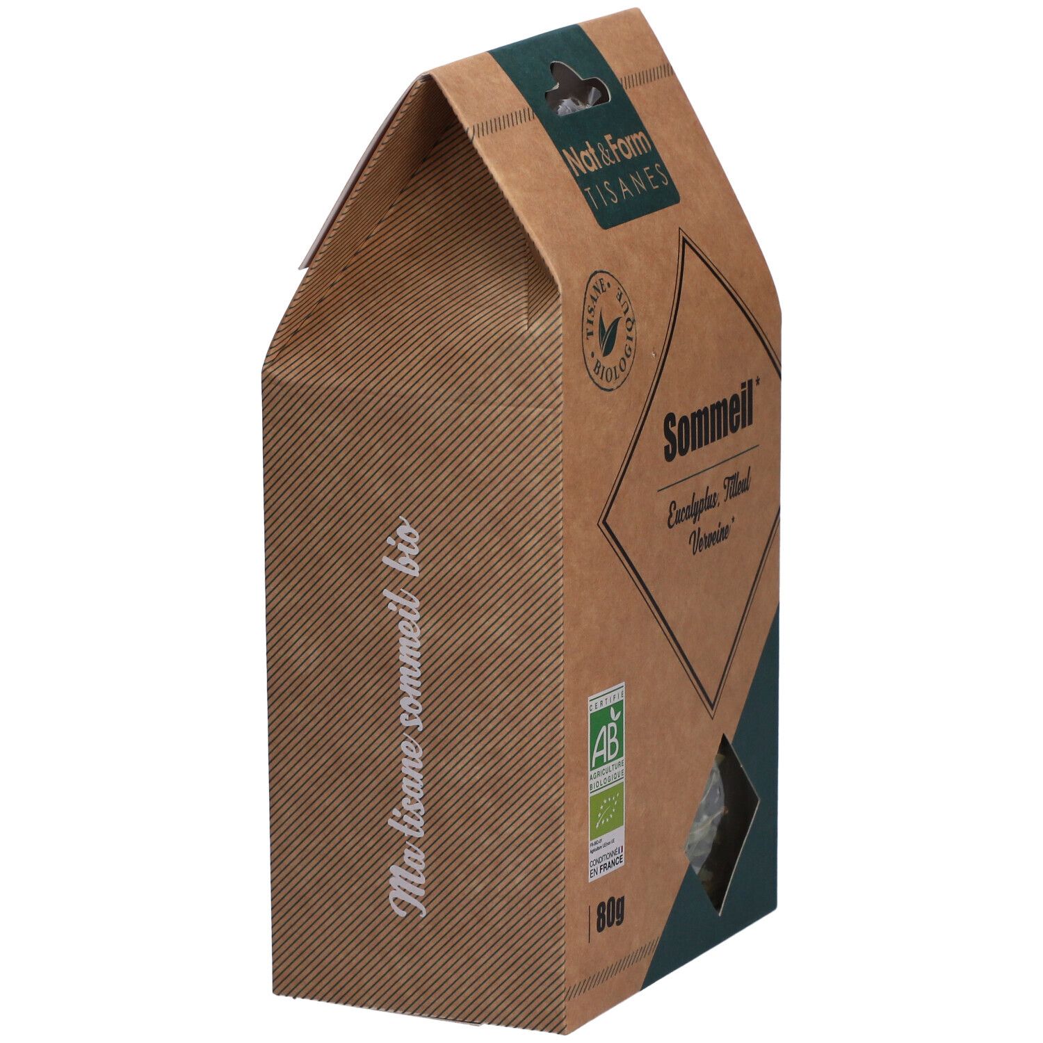 Zijaanzicht van de kartonnen verpakking. Opschrift: Ma tisane sommeil bio. Venster met kruiden. Merk en productnaam.