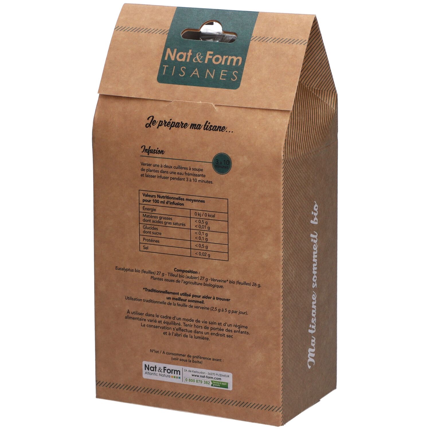 Achterkant van de kartonnen verpakking. Tekst over infusie en voedingswaarde. Merk en productnaam. Bio-label.