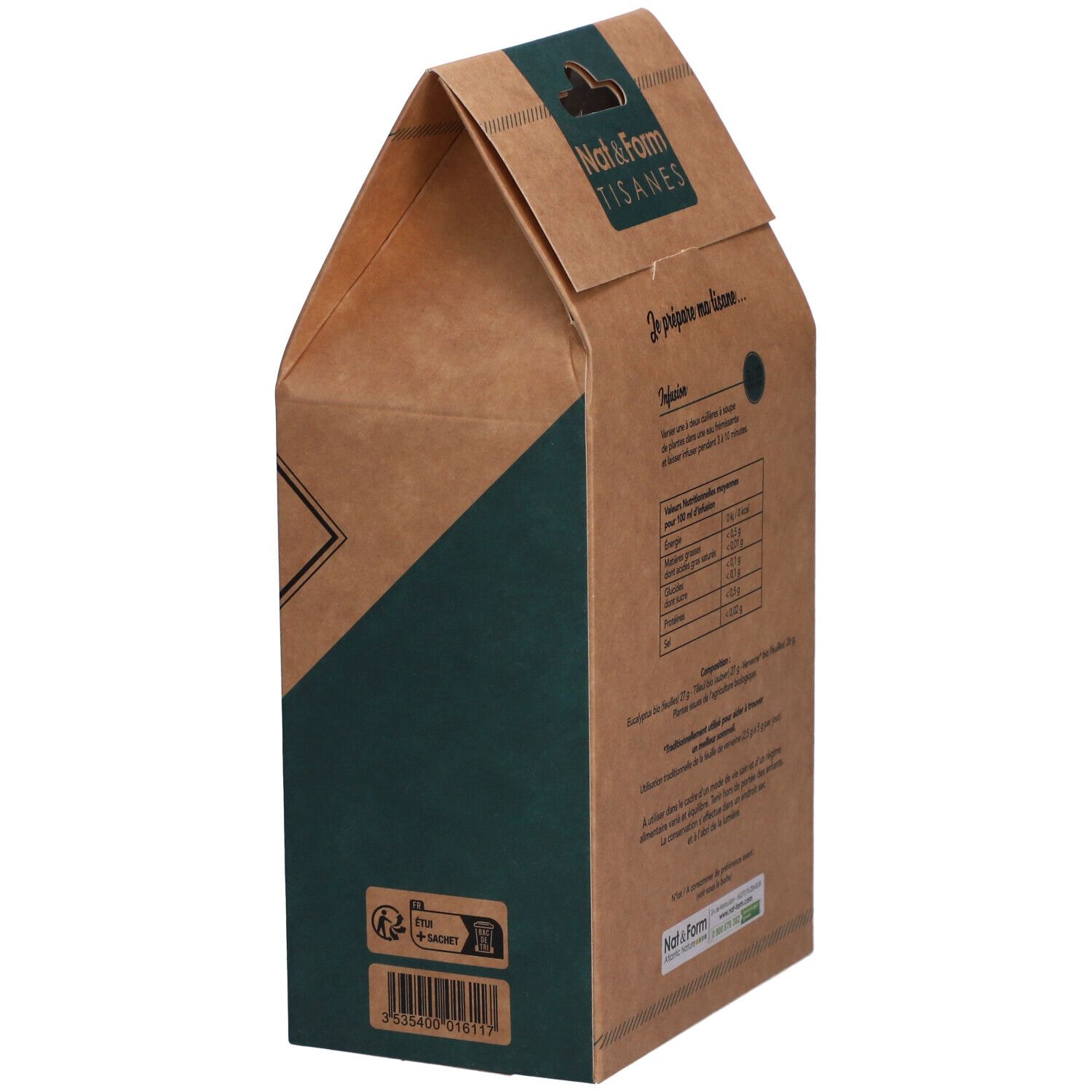 Zijaanzicht van de verpakking met tekst en voedingswaarde. Bio-label en barcode. Merk en productnaam.