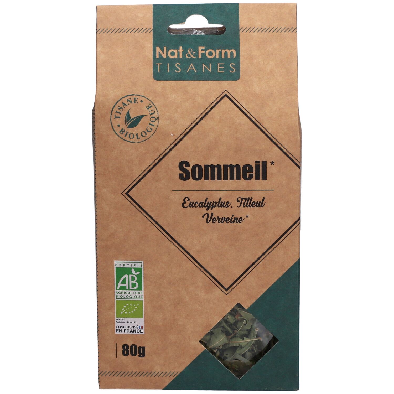 Vooraanzicht van de kartonnen verpakking. Opschrift: Sommeil, Eucalyptus, Tilleul, Verveine. Bio-label en 80g.