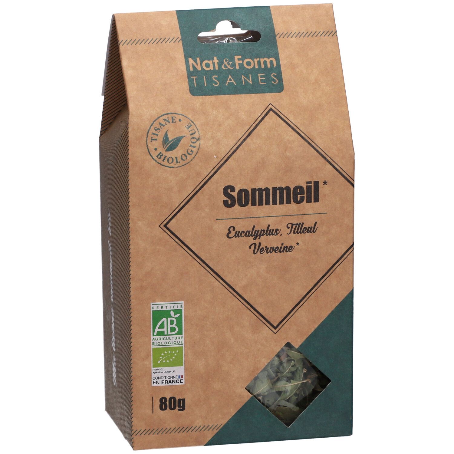Schuine weergave van de kartonnen verpakking. Opschrift: Sommeil, Eucalyptus, Tilleul, Verveine. Bio-label en 80g.