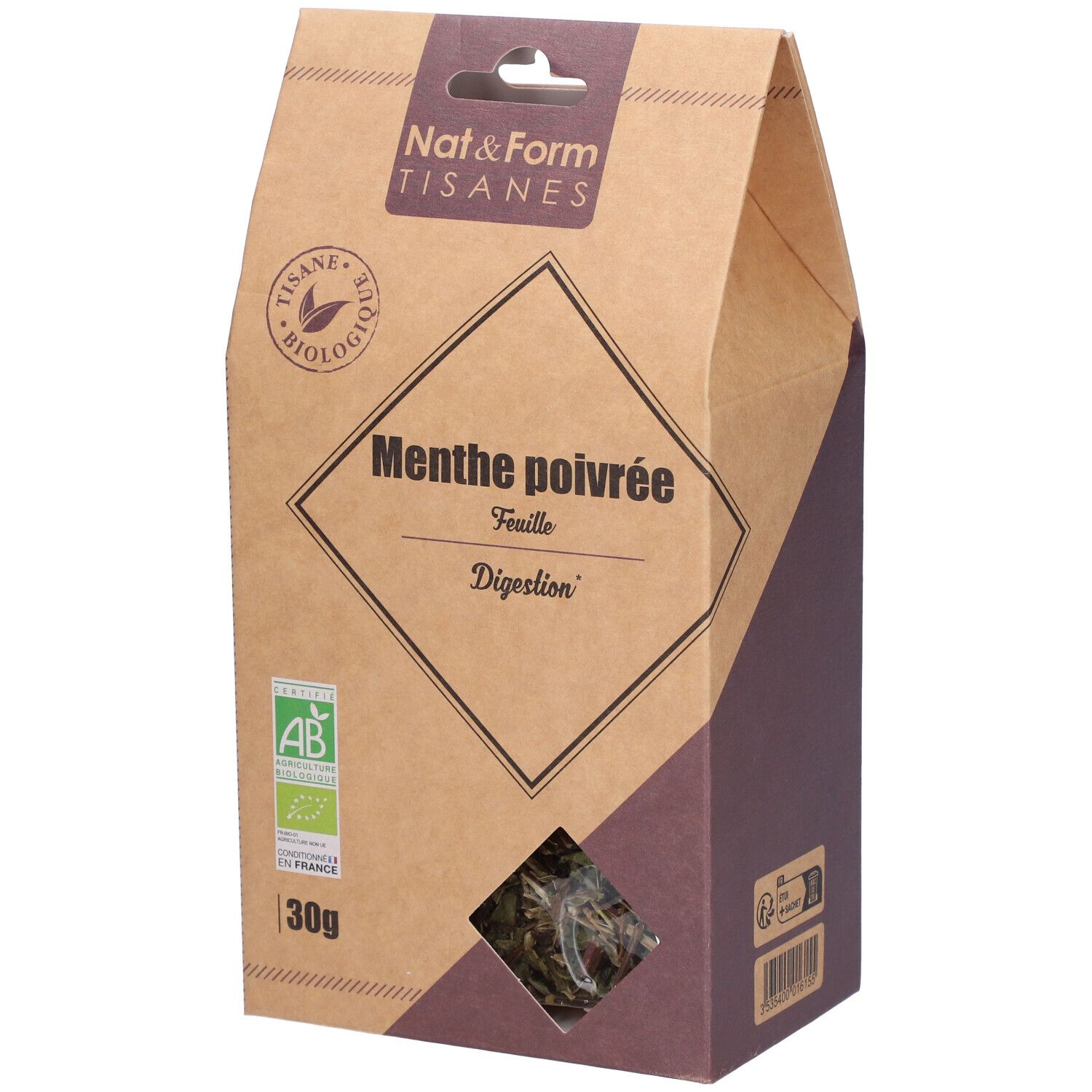 Boîte en carton avec fenêtre. Inscription: Nat&Form Tisanes, Menthe poivrée, Digestion. Label bio. 30g.