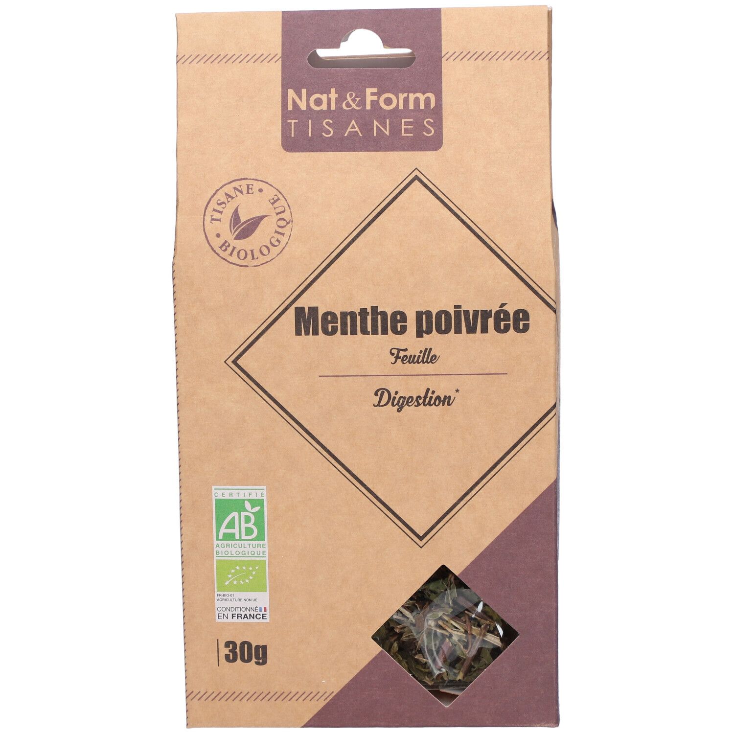 Boîte en carton. Inscription: Nat&Form Tisanes, Menthe poivrée, Digestion. Label bio. 30g. Fenêtre.