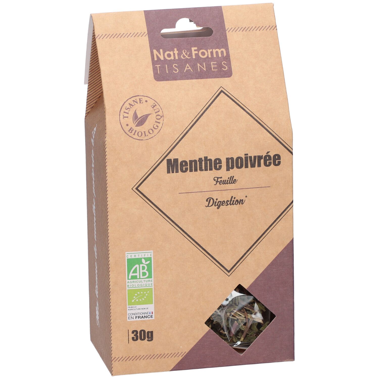 Boîte en carton. Inscription: Nat&Form Tisanes, Menthe poivrée, Digestion. Label bio. 30g. Fenêtre.