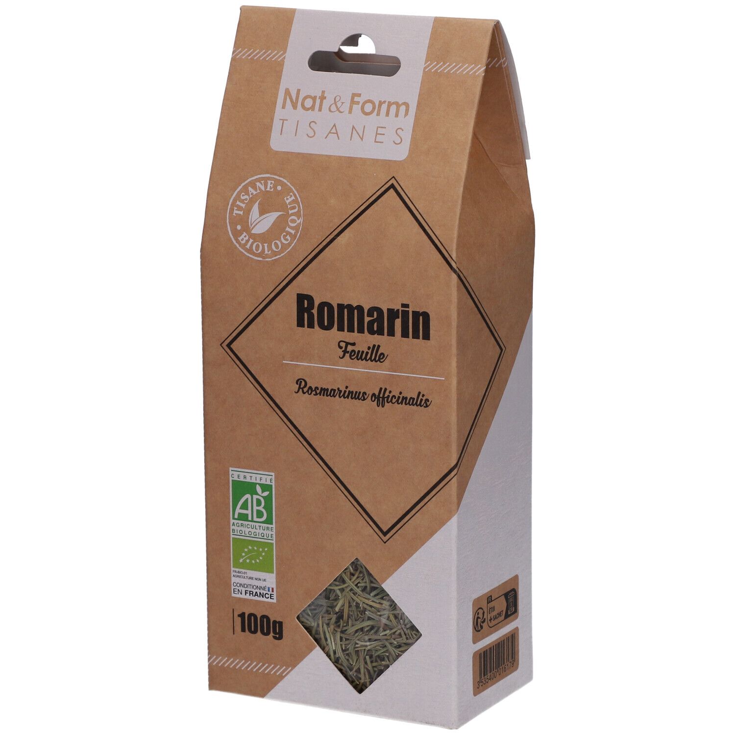 Braune Verpackung mit Sichtfenster. Aufschrift: Romarin, feuille. AB-Bio-Siegel. 100g.