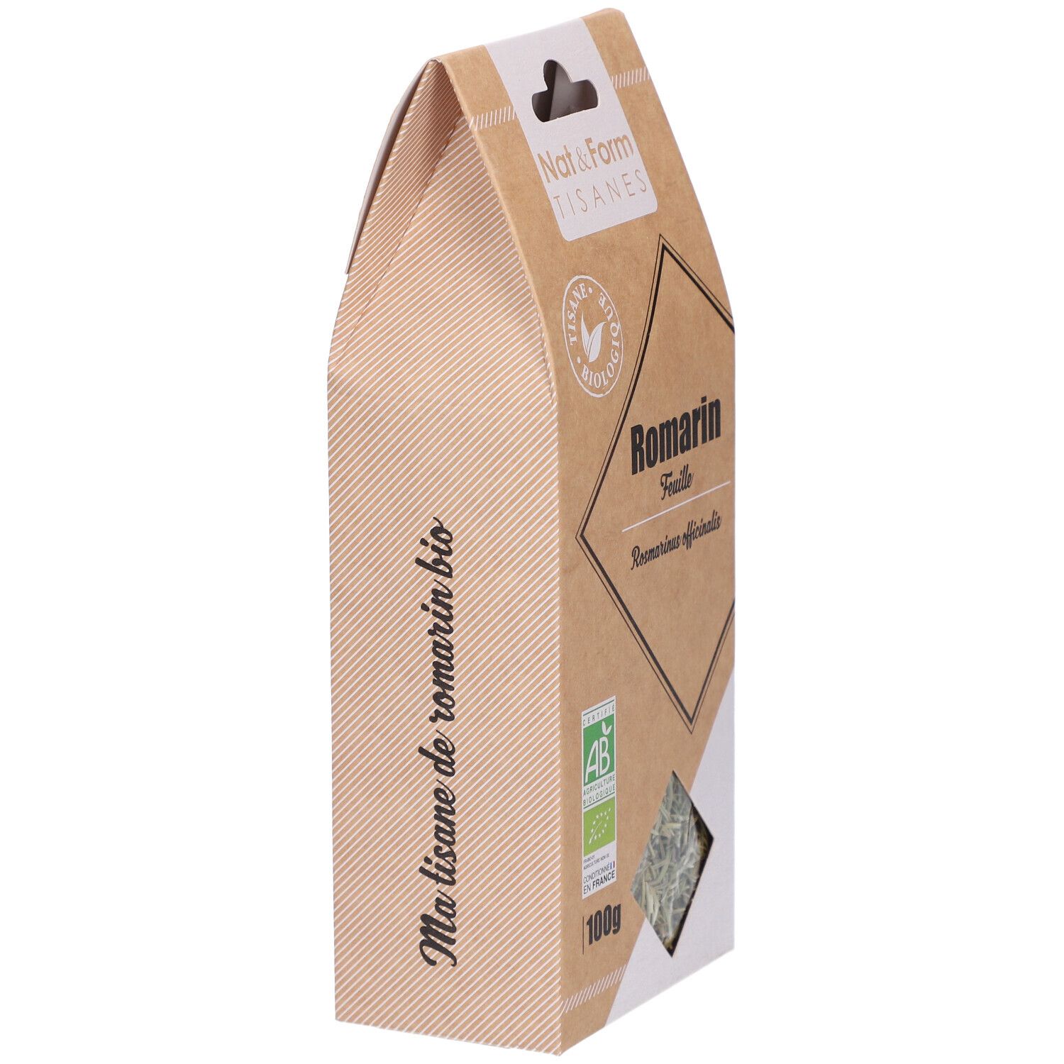 Braune Verpackung, schräg. Aufschrift: Ma lisane de romarin bio. AB-Bio-Siegel. 100g.