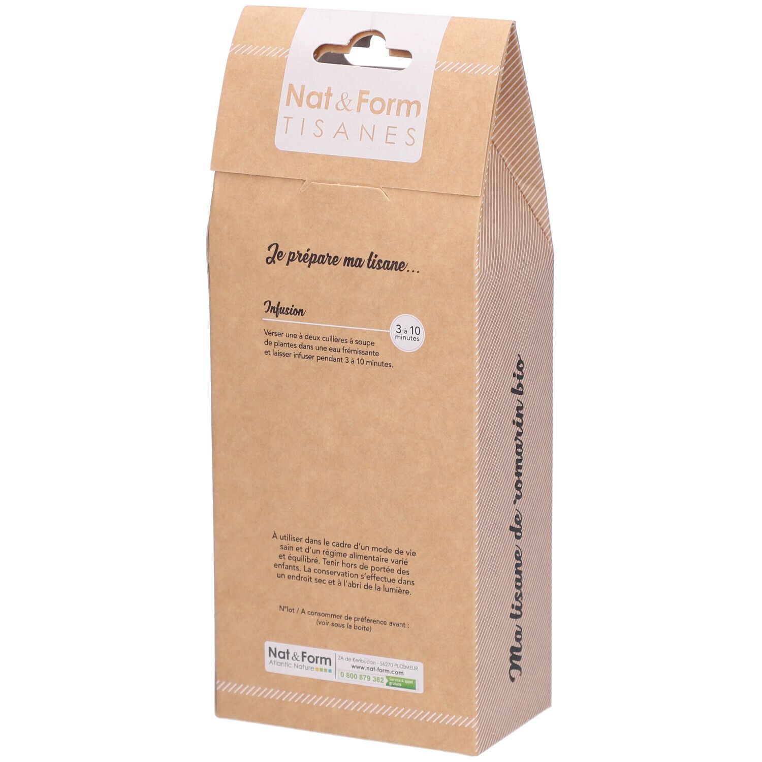 Rückseite der braunen Verpackung. Text über die Zubereitung. Nat&Form-Logo. Bio-Siegel.