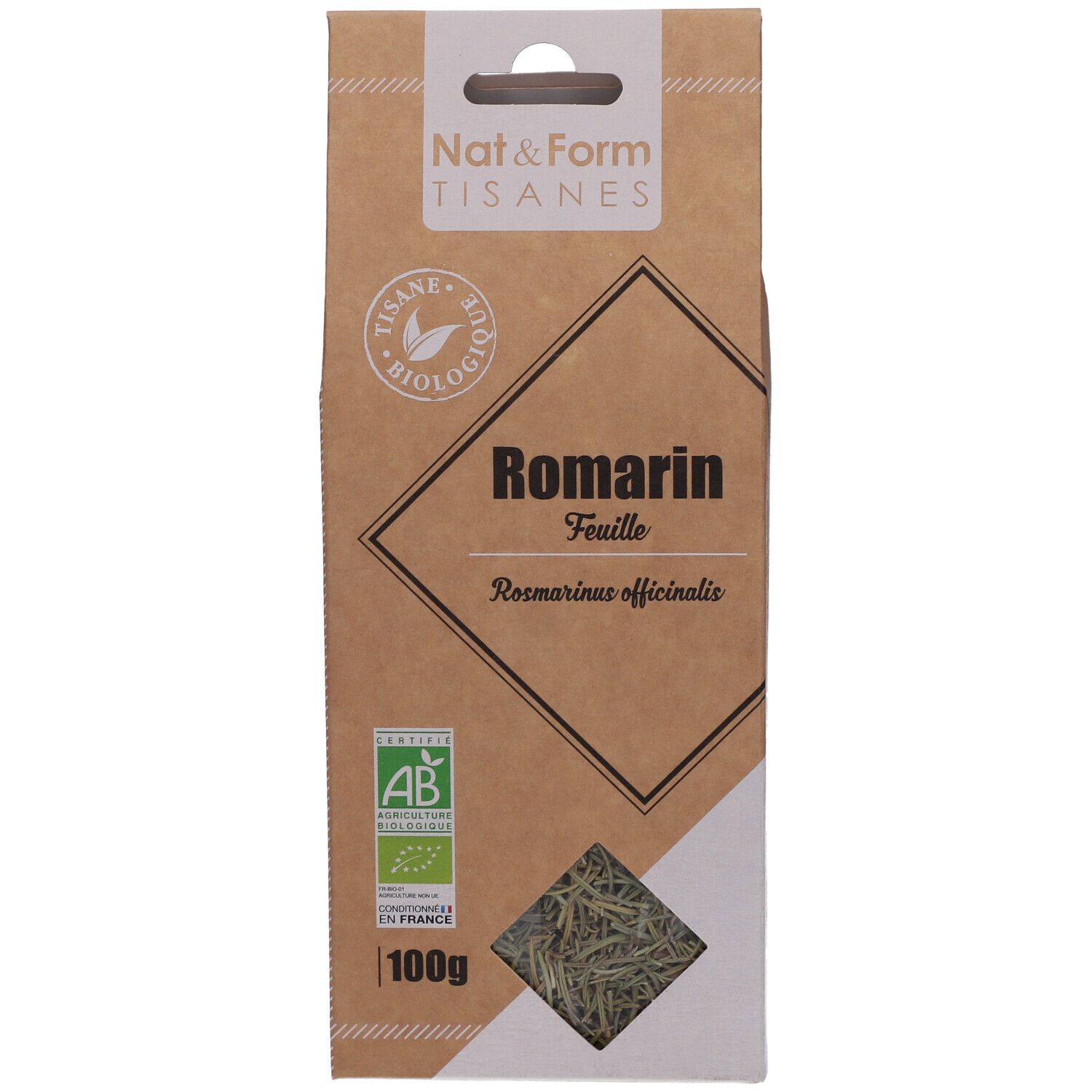 Braune Verpackung mit Sichtfenster. Aufschrift: Romarin, feuille. AB-Bio-Siegel. 100g.