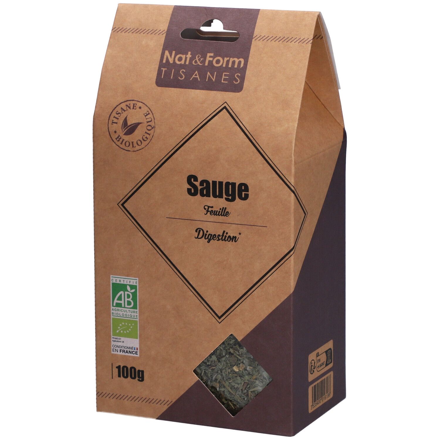 Boîte en carton "Nat&Form Tisanes". Fenêtre avec herbes. Label "AB". Texte "Sauge". 100g.