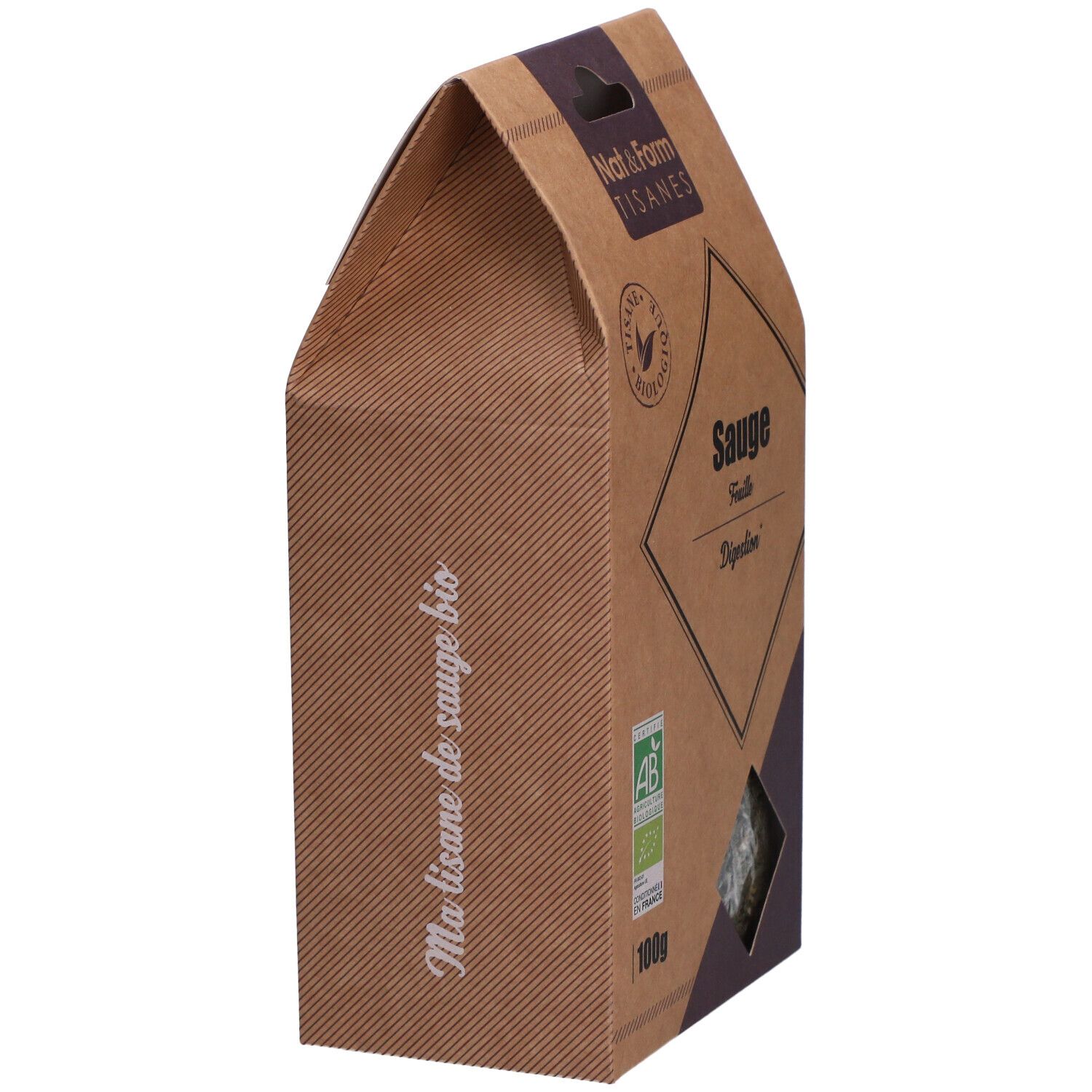 Boîte en carton "Nat&Form Tisanes" avec fenêtre. Texte "Ma tisane de sauge bio".