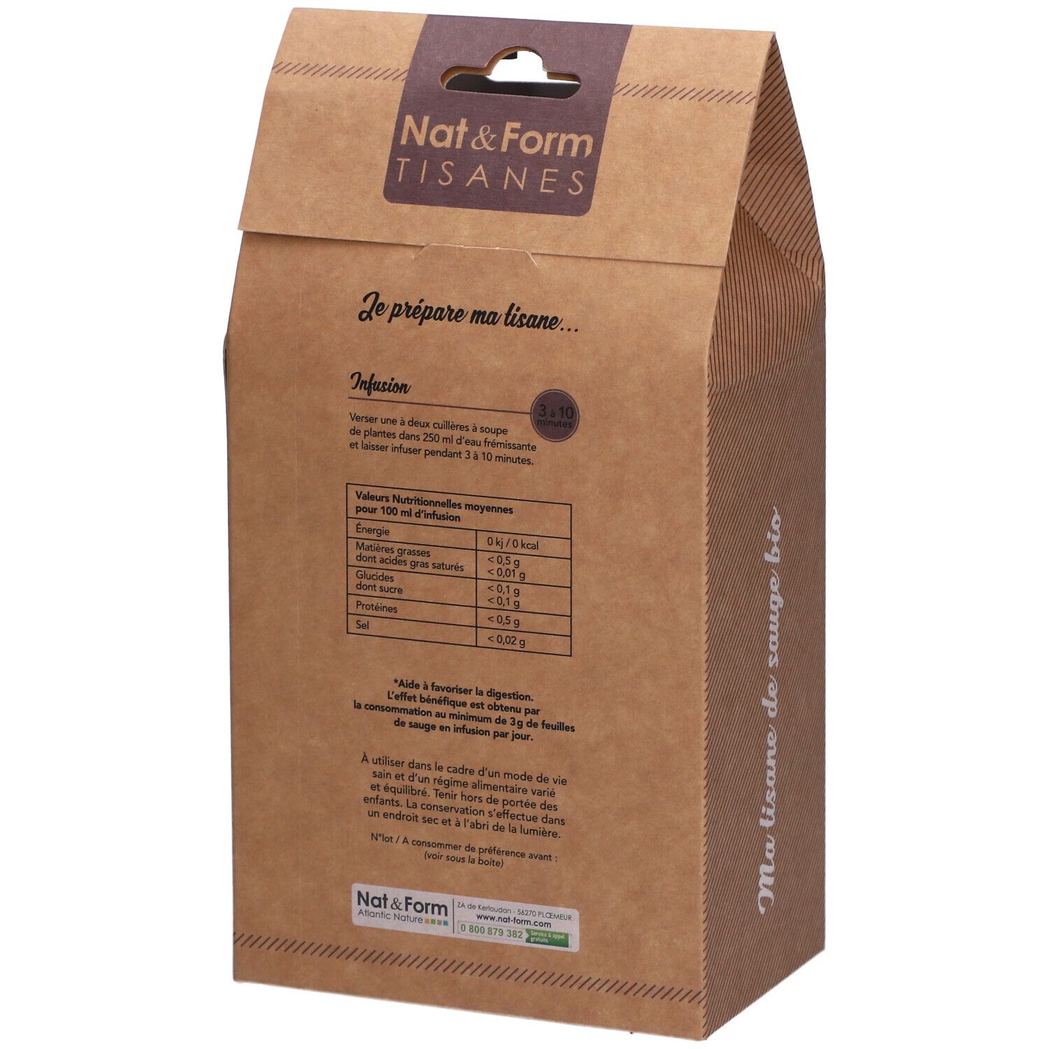 Dos de la boîte "Nat&Form Tisanes". Texte et informations nutritionnelles. Label "AB".