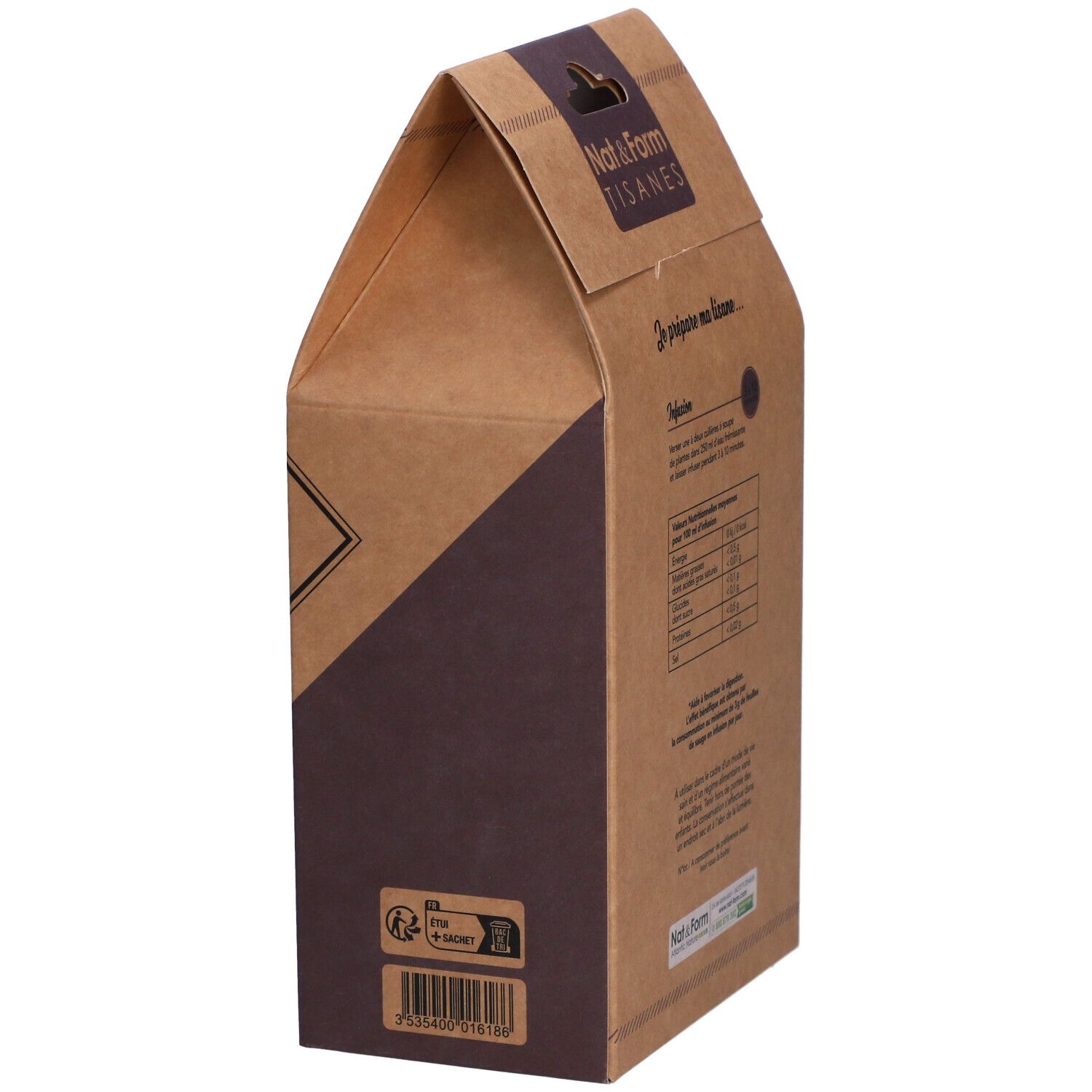 Boîte en carton "Nat&Form Tisanes" avec texte et labels. Label "AB".