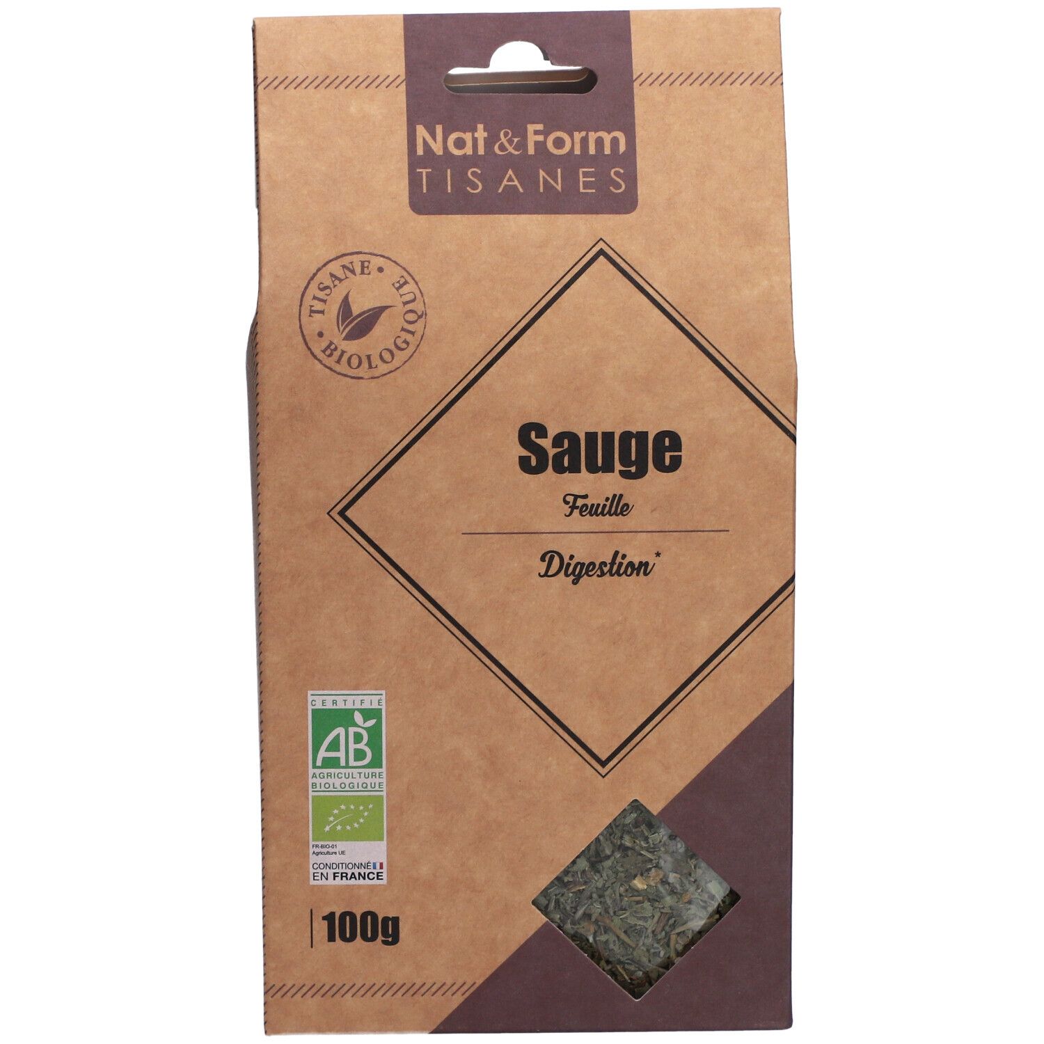 Boîte en carton "Nat&Form Tisanes". Fenêtre avec herbes. Label "AB". Texte "Sauge". 100g.