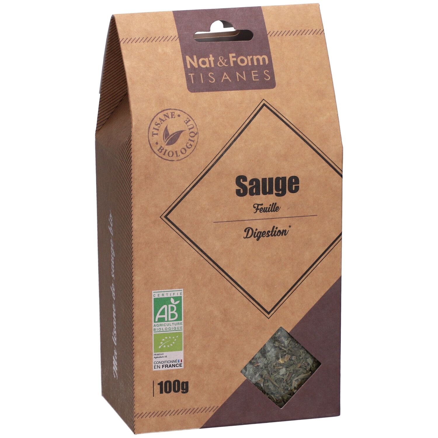 Boîte en carton "Nat&Form Tisanes". Fenêtre avec herbes. Label "AB". Texte "Sauge". 100g.