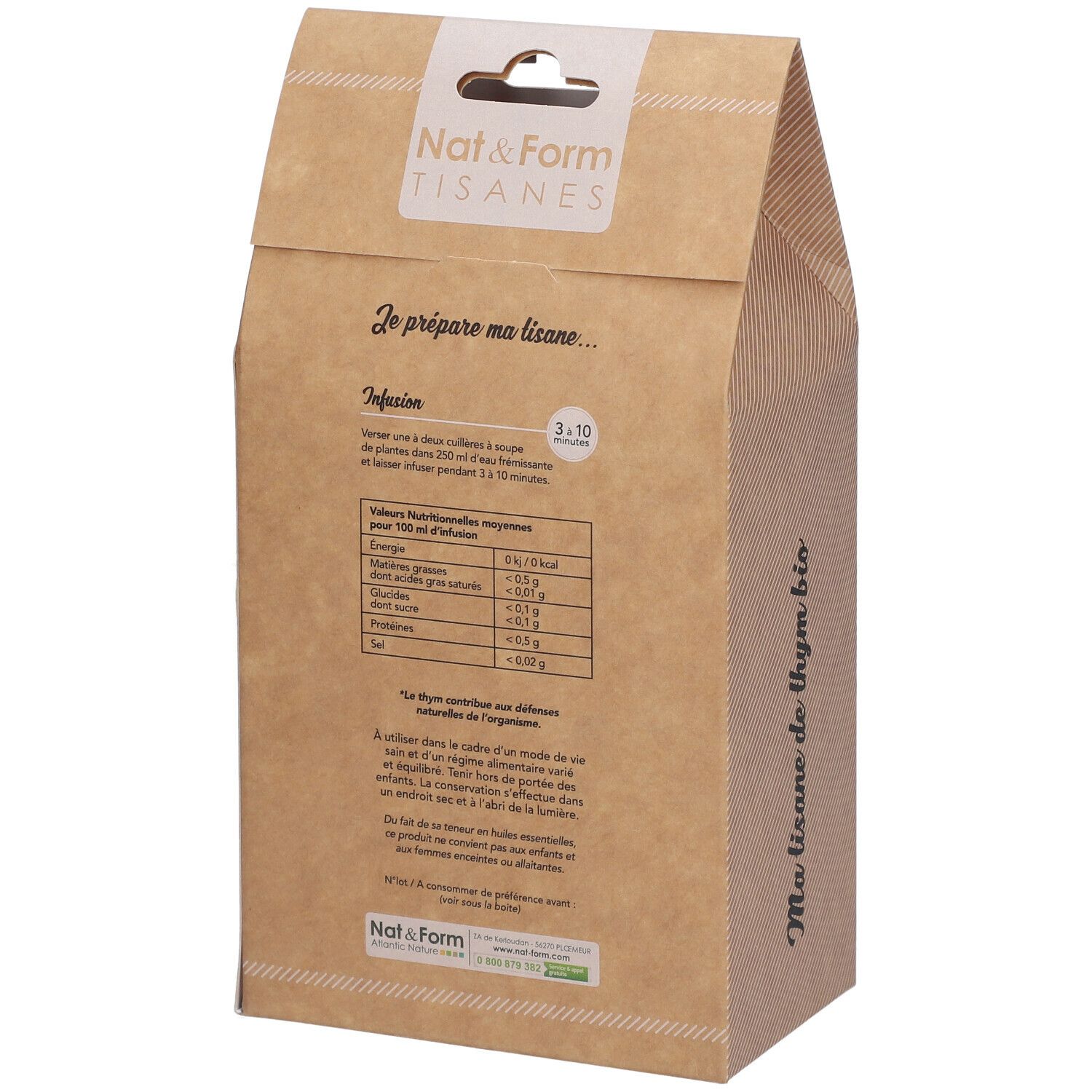 Dos de l'emballage de tisane de thym. Informations de préparation et valeurs nutritionnelles.