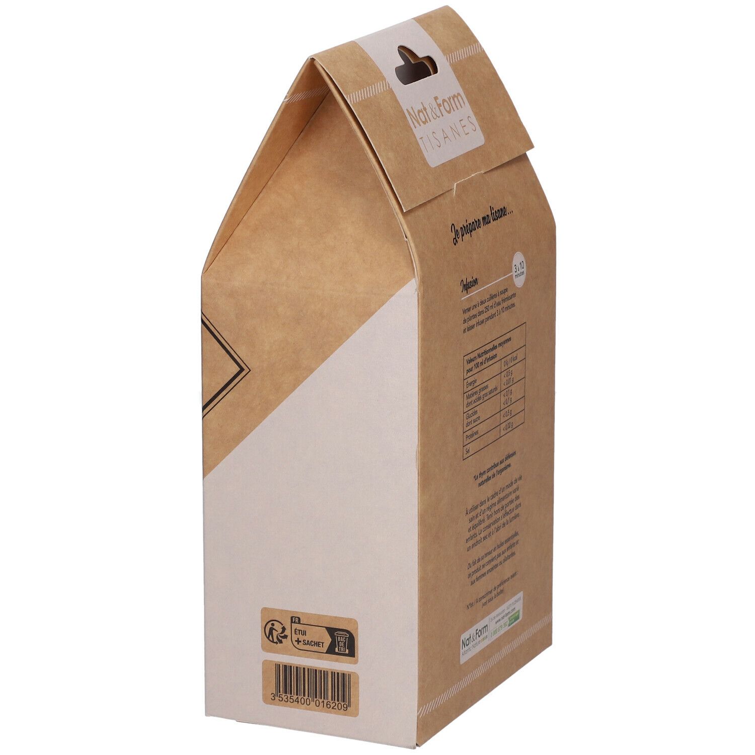 Côté de l'emballage de tisane de thym. Texte et logos. Symbole de recyclage et code-barres.