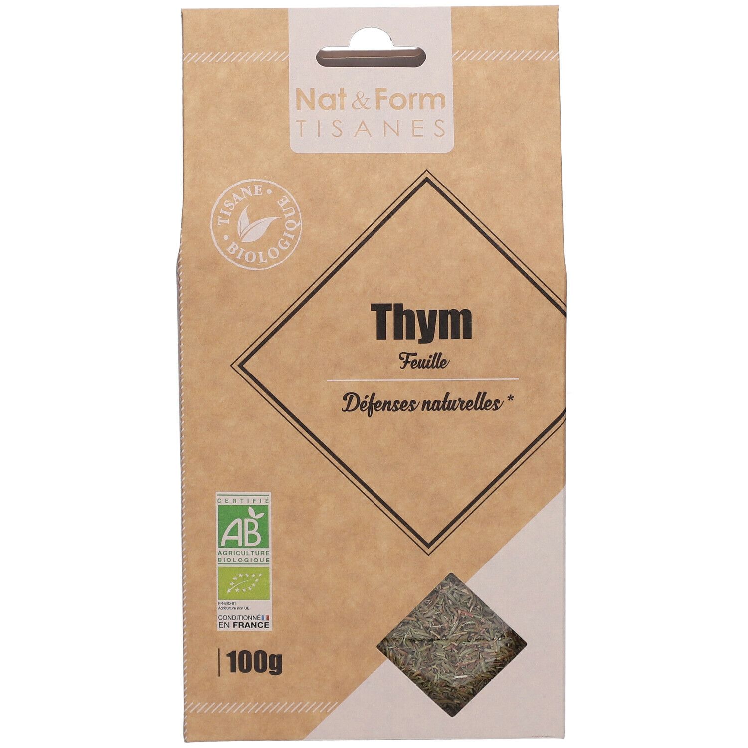 Boîte de tisane de thym. Emballage en papier brun avec fenêtre. Label avec texte et logo.