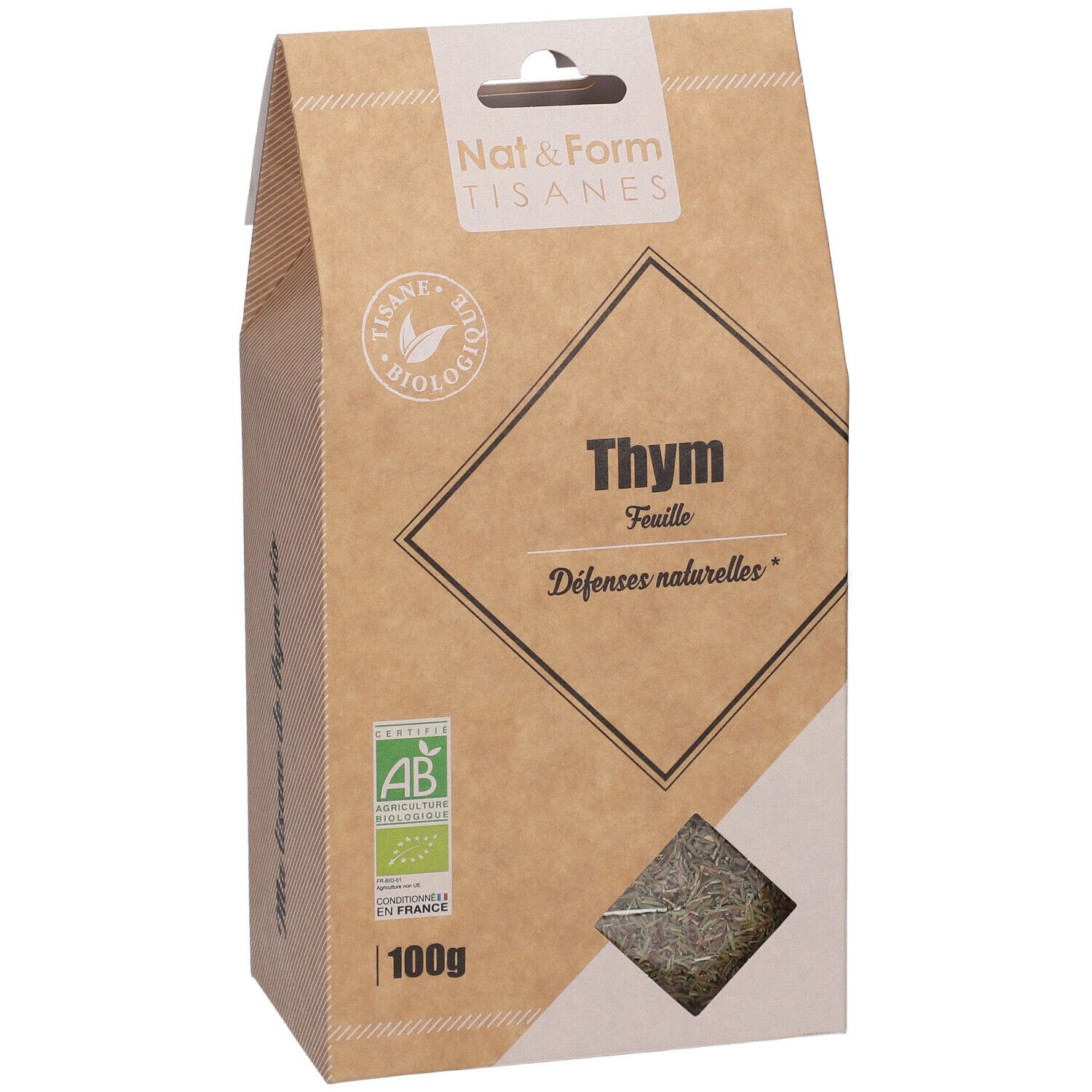 Boîte de tisane de thym. Emballage en papier brun avec fenêtre. Label avec texte et logo.