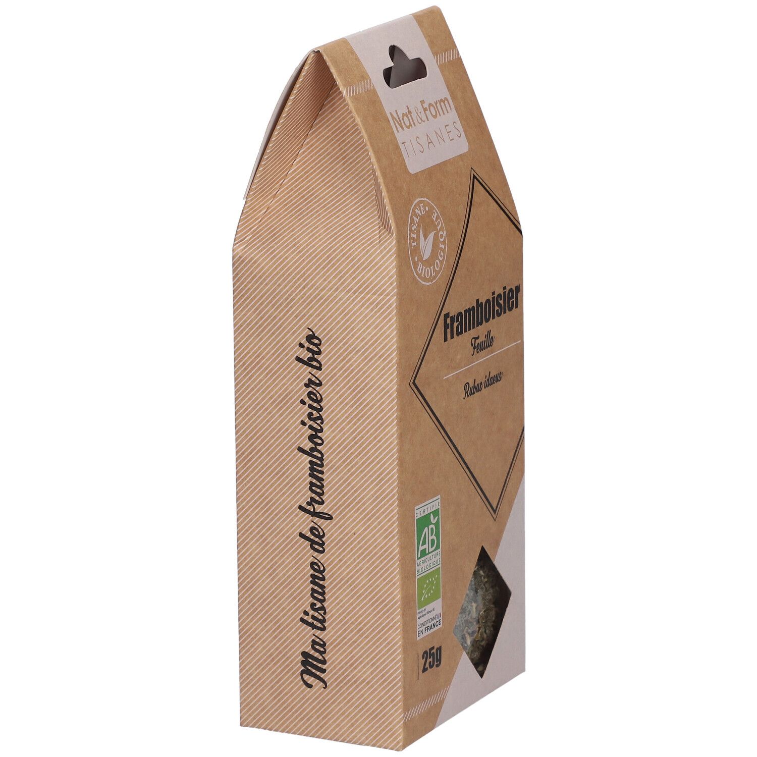 Emballage marron, vue latérale. Inscription : Ma tisane de framboisier bio, label AB bio, 25g.