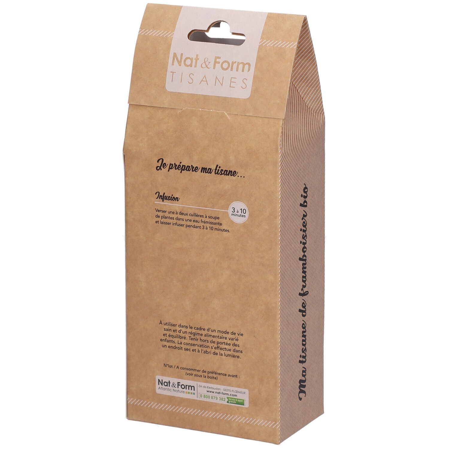 Emballage marron avec texte. Inscription : Je prépare ma tisane..., label AB bio, Nat&Form Tisanes.