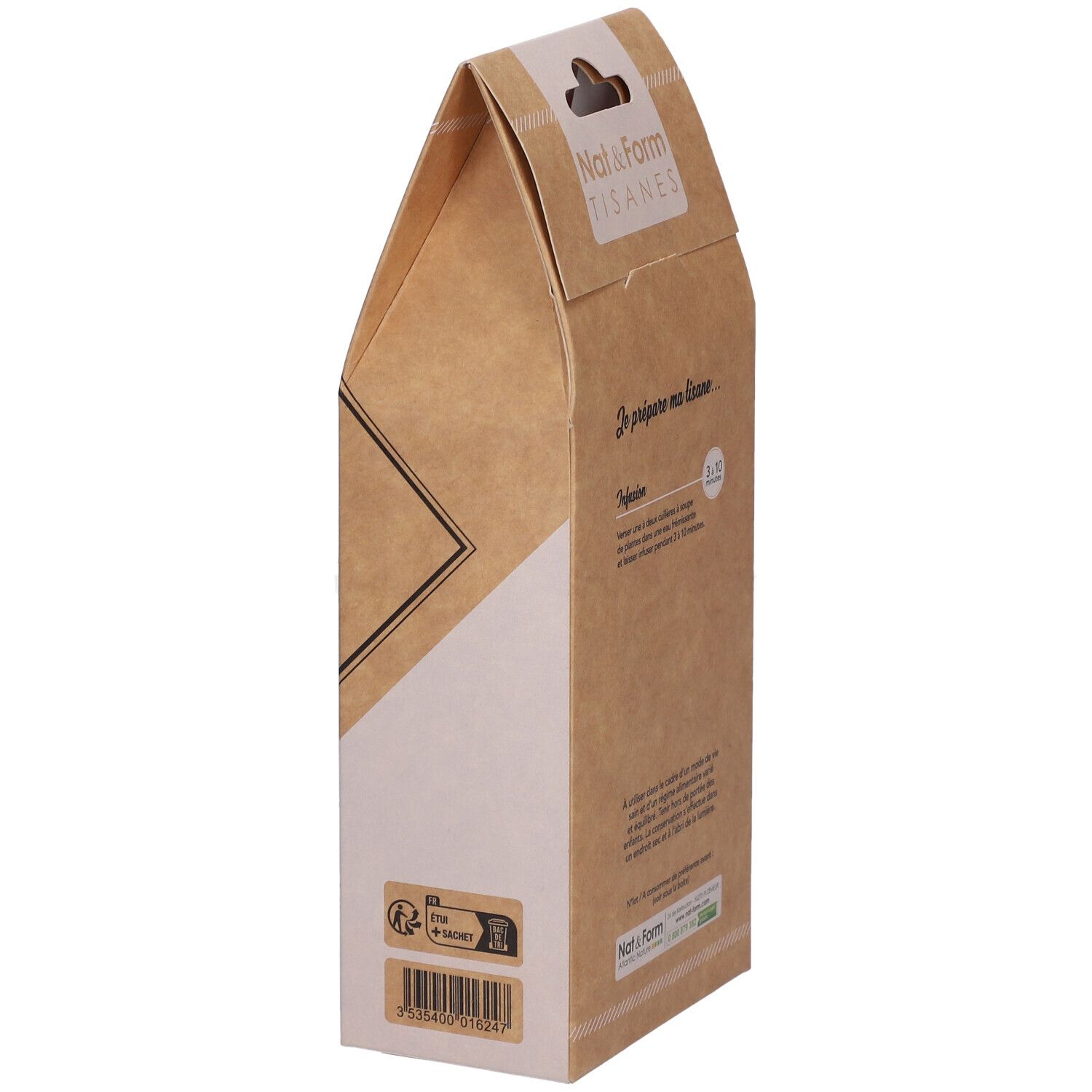 Emballage marron, dos. Inscription : Je prépare mon infusion..., Nat&Form Tisanes, label AB bio.