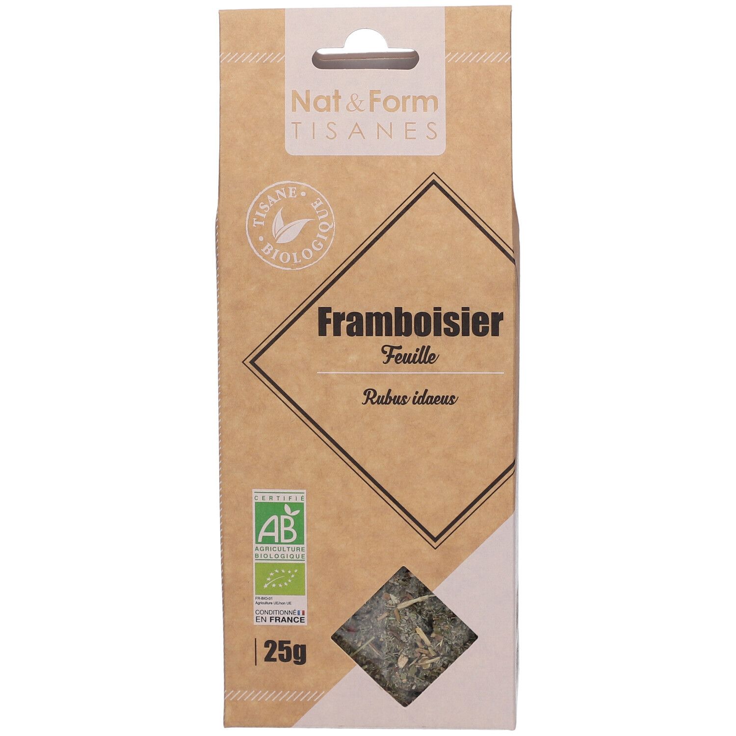 Boîte marron avec fenêtre. Inscription : Framboisier Feuille, label AB bio, 25g.