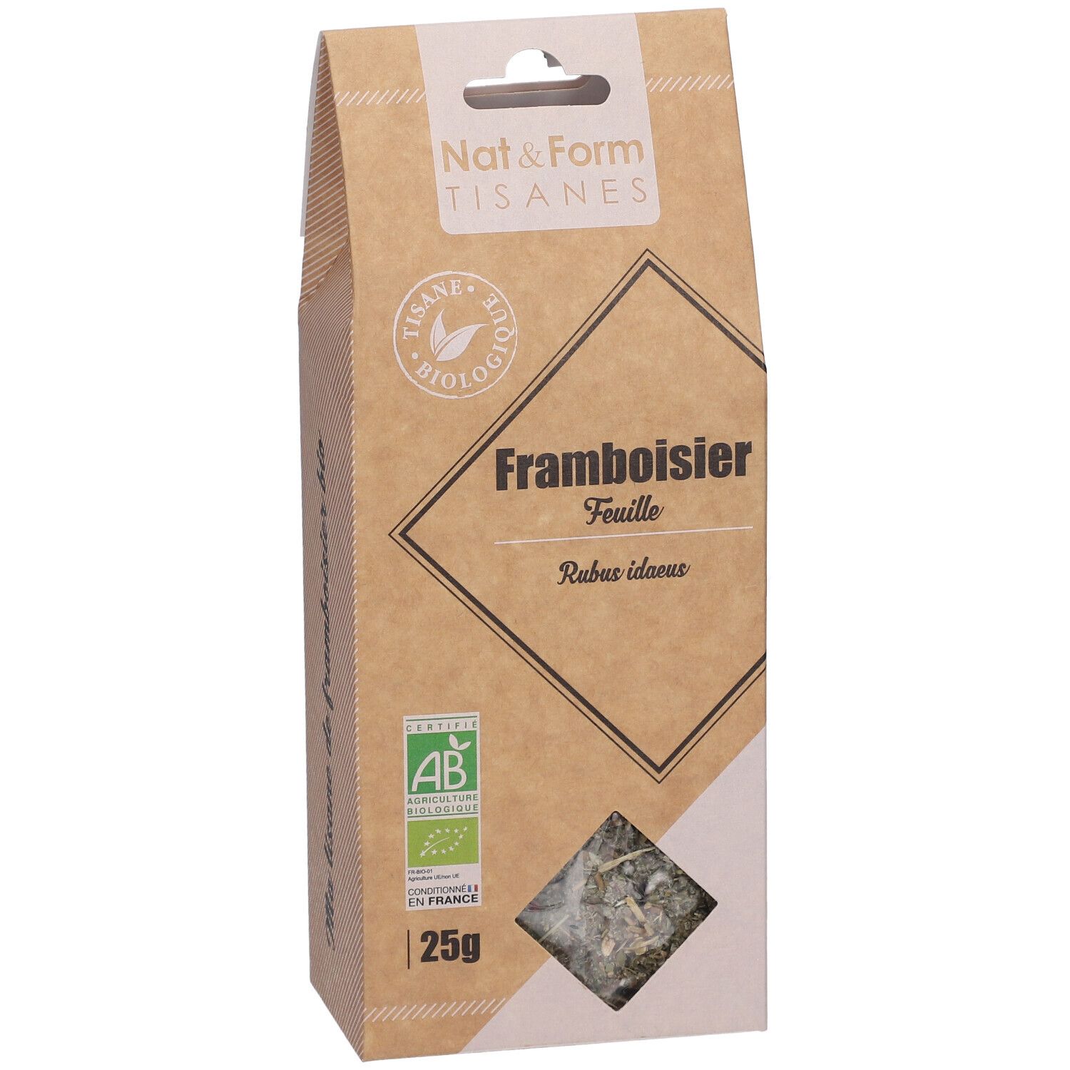 Boîte marron avec fenêtre. Inscription : Framboisier Feuille, label AB bio, 25g.