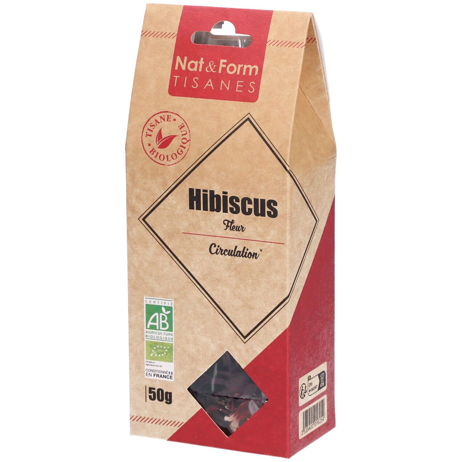 Verpakking met hibiscusbloemen. Merk Nat&Form Tisanes. Venster met bloemen. Bio-label.