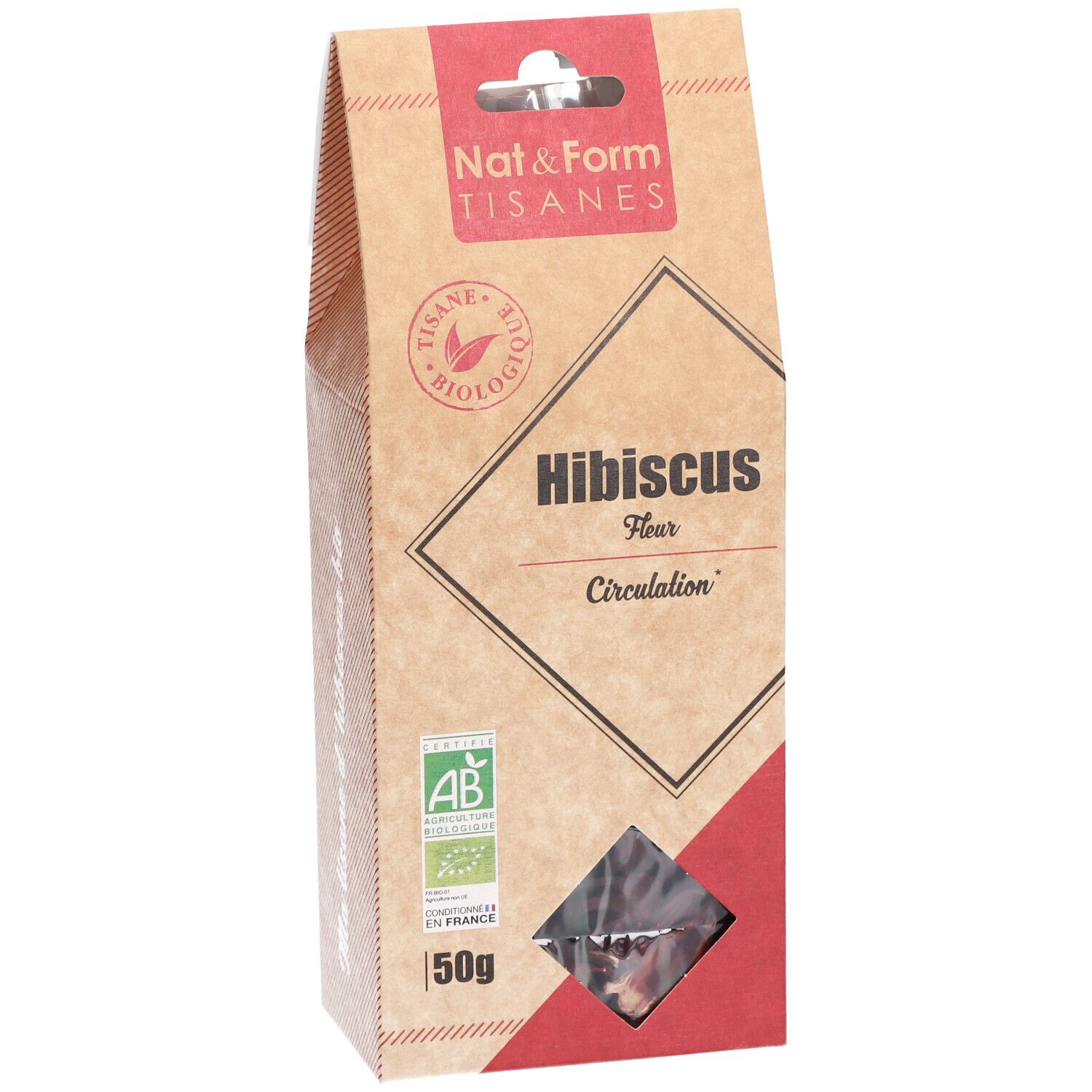 Verpakking met hibiscusbloemen. Merk Nat&Form Tisanes. Venster met bloemen. Bio-label.