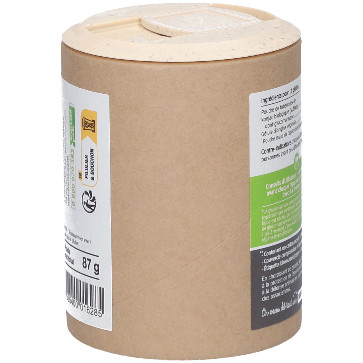 Zylindrische Dose, Seite mit Informationen. Gewicht: 87g. Barcode. Text auf Französisch.