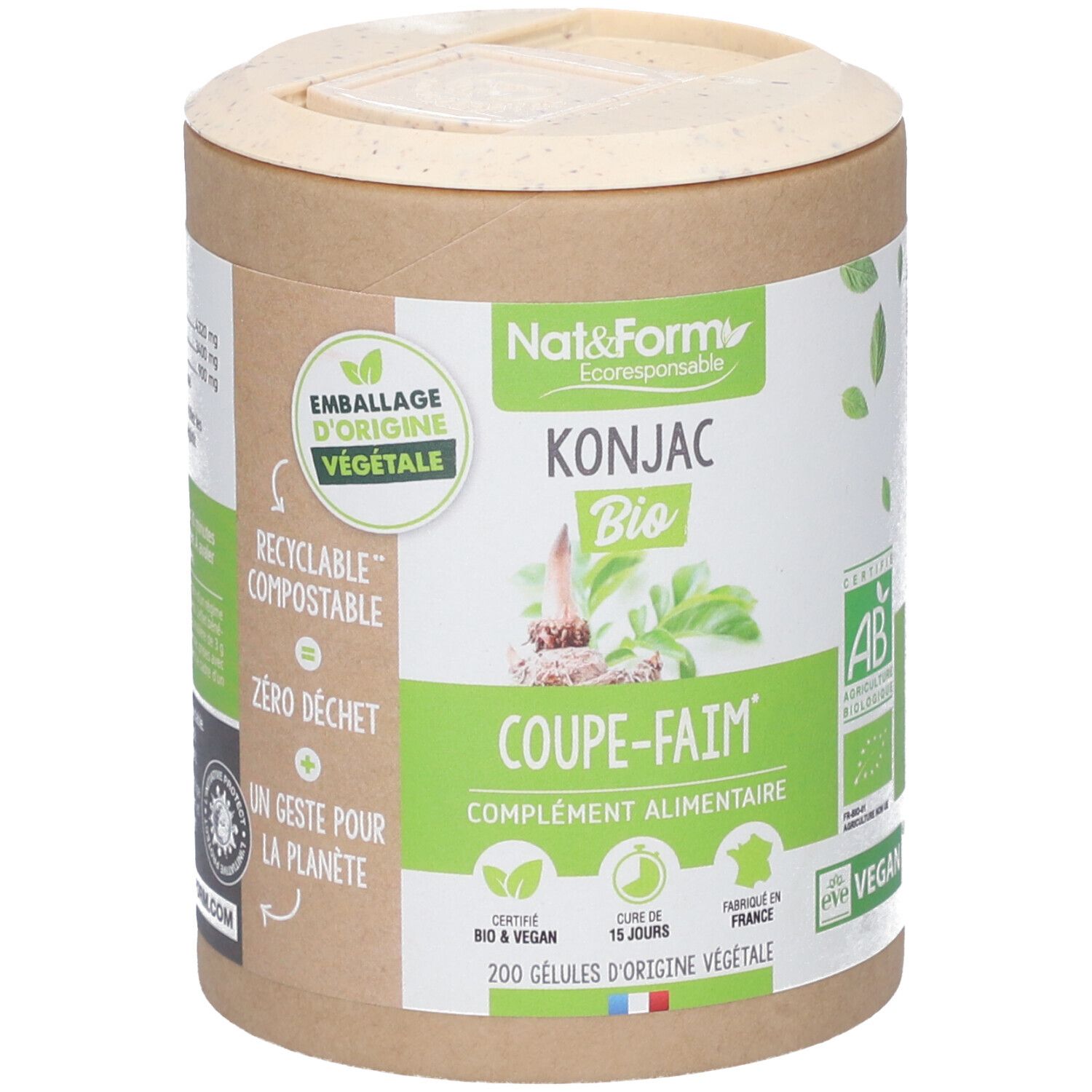 Zylindrische Dose mit Deckel. Aufschrift: Nat&Form Konjac Bio, Coupe-Faim, 200 Gelules. Zertifizierungen: AB, Vegan.
