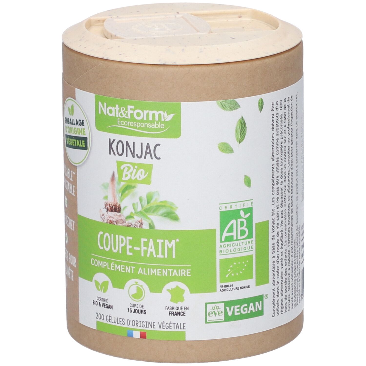 Zylindrische Dose mit Deckel. Aufschrift: Nat&Form Konjac Bio, Coupe-Faim, 200 Gelules. Zertifizierungen: AB, Vegan.