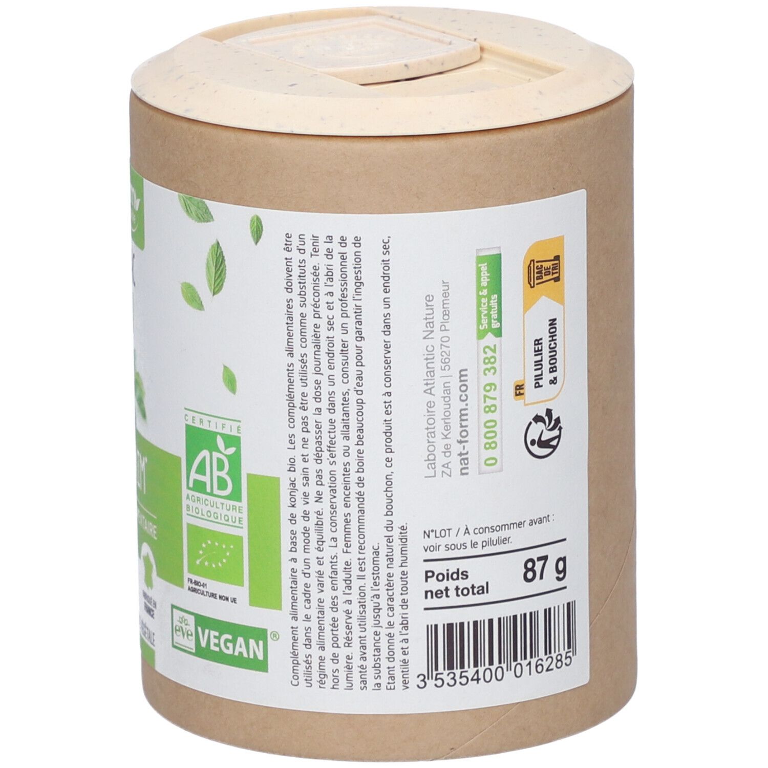 Zylindrische Dose, Seite mit Informationen. Gewicht: 87g. Barcode. Text auf Französisch. Zertifizierungen: AB, Vegan.